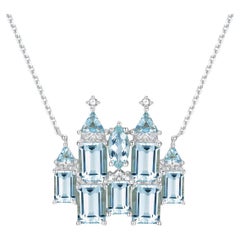 Nina Zhou Fantasy Aquamarine Diamond Castle Pendent Necklace in White Gold