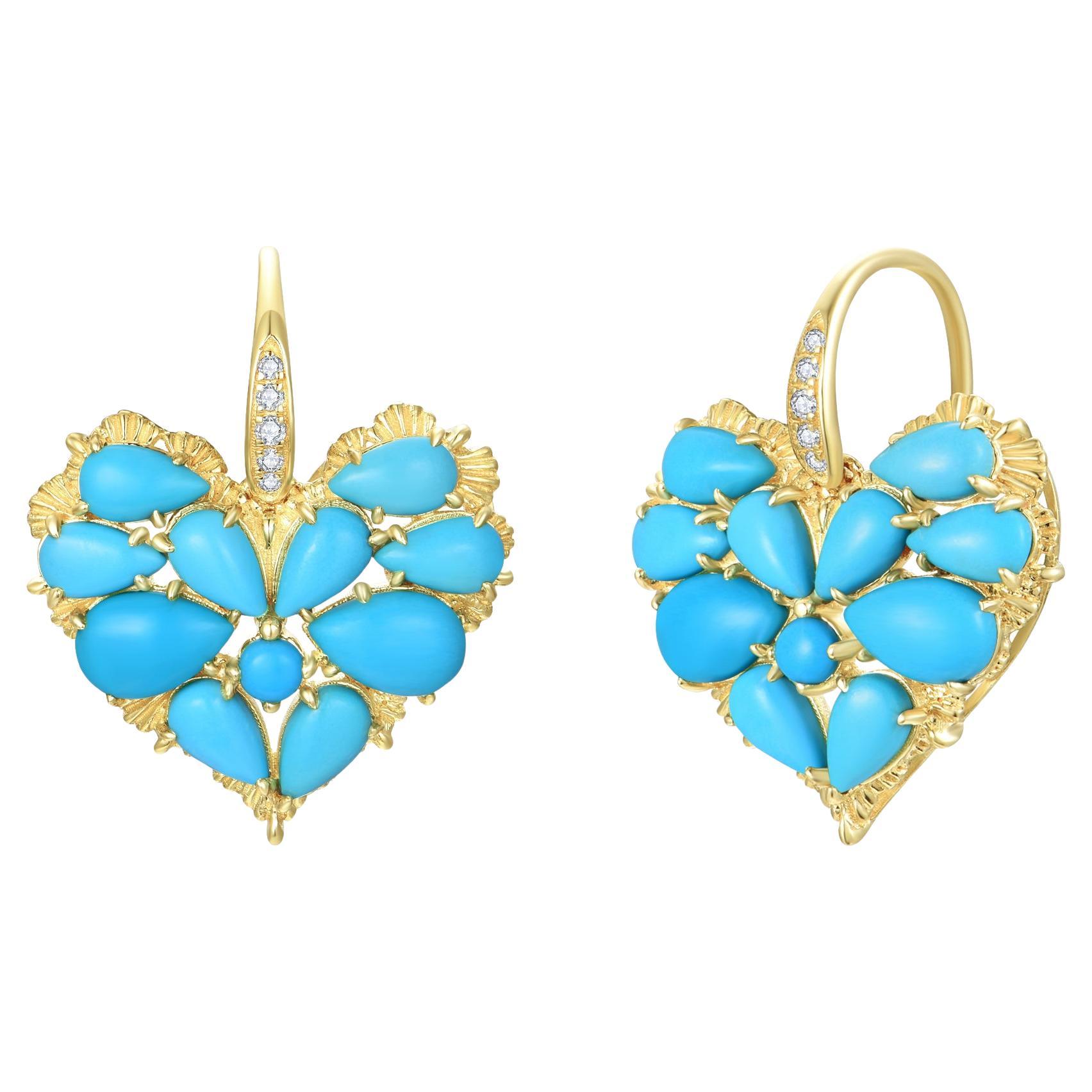 Nina Zhou Fantasy 5.25ctw Natural Heart Turquoise & Diamond Drop Earrings For Sale