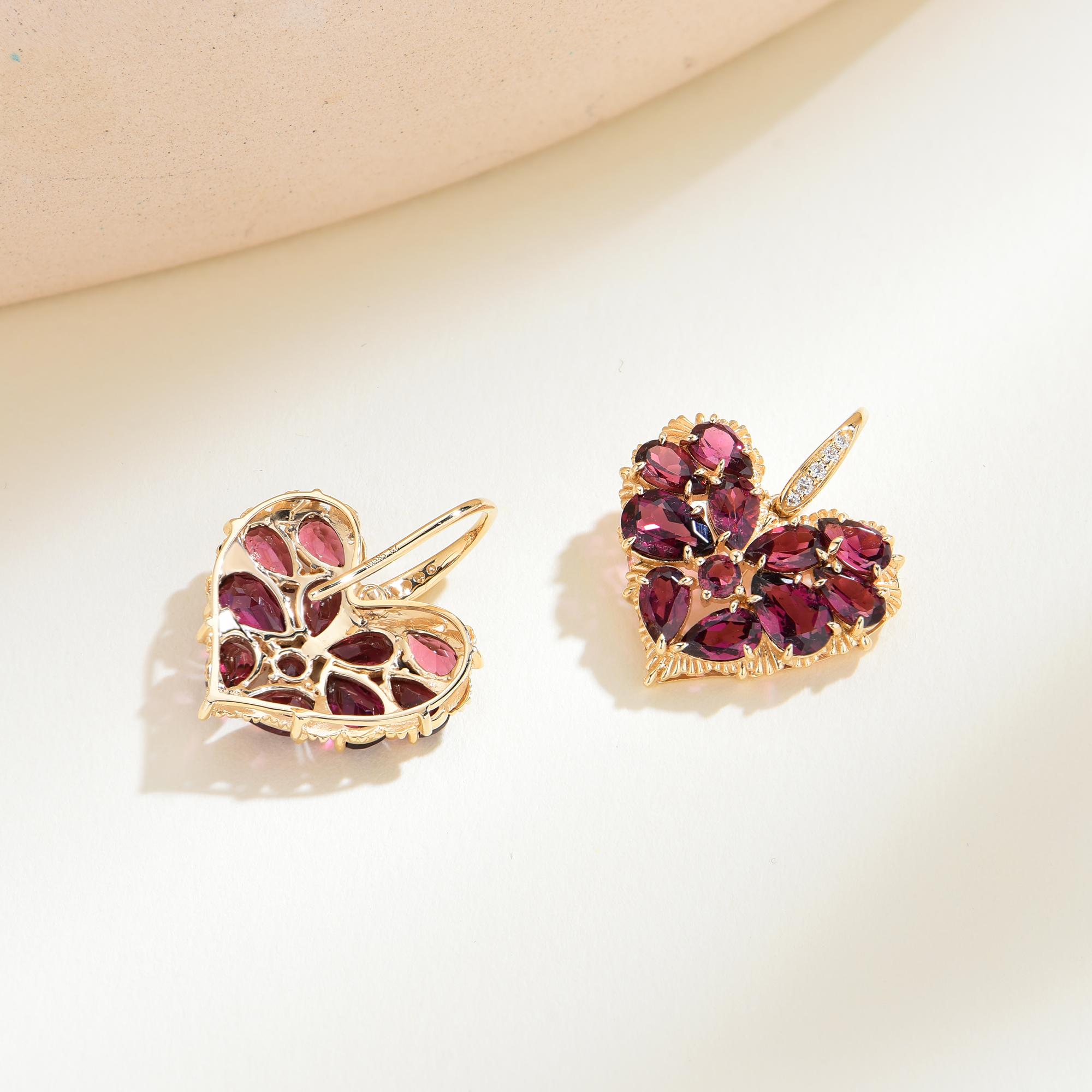 Modern Nina Zhou Fantasy 6.45ctw Natural Heart Rhodolite & Diamond Drop Earrings For Sale