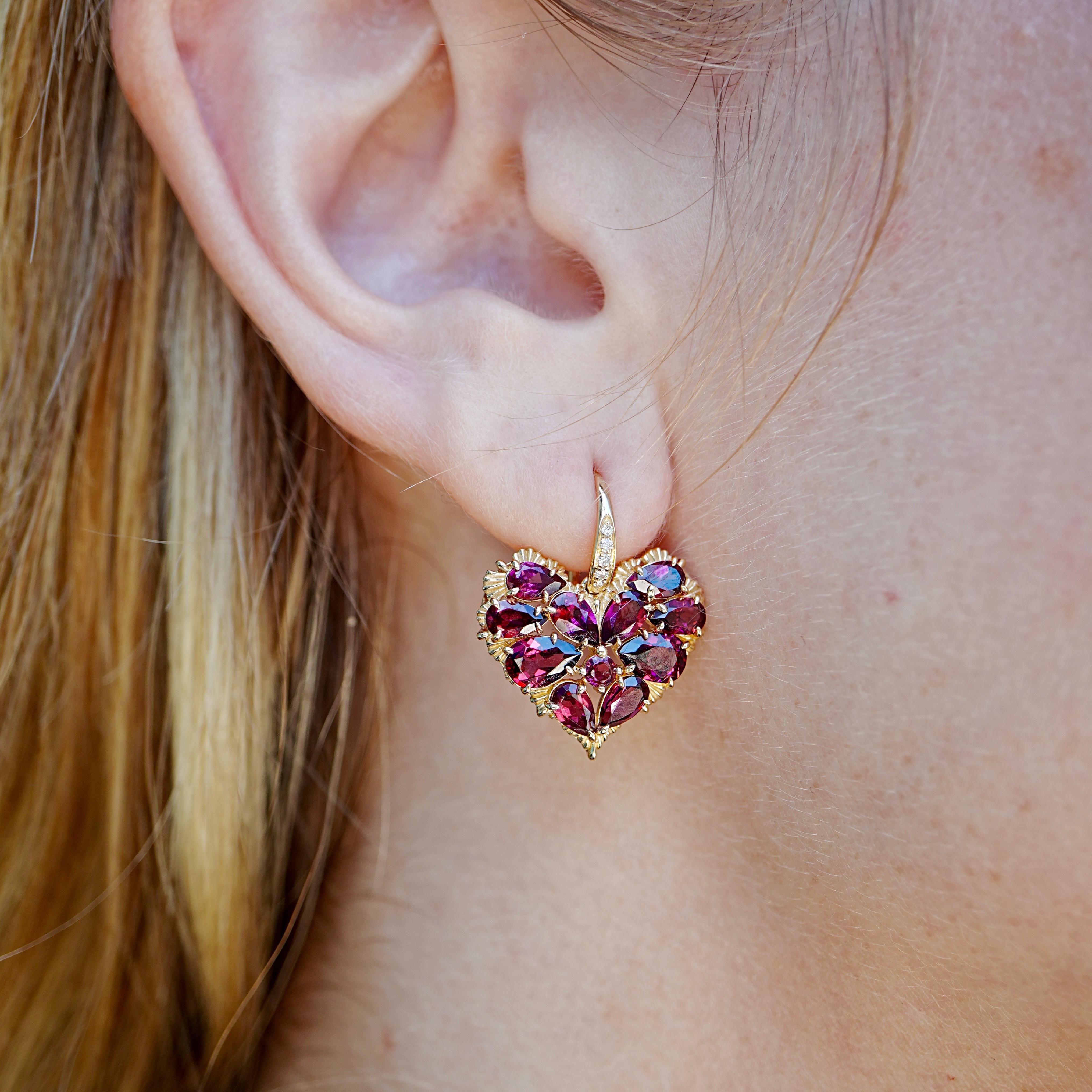 Brilliant Cut Nina Zhou Fantasy 6.45ctw Natural Heart Rhodolite & Diamond Drop Earrings For Sale