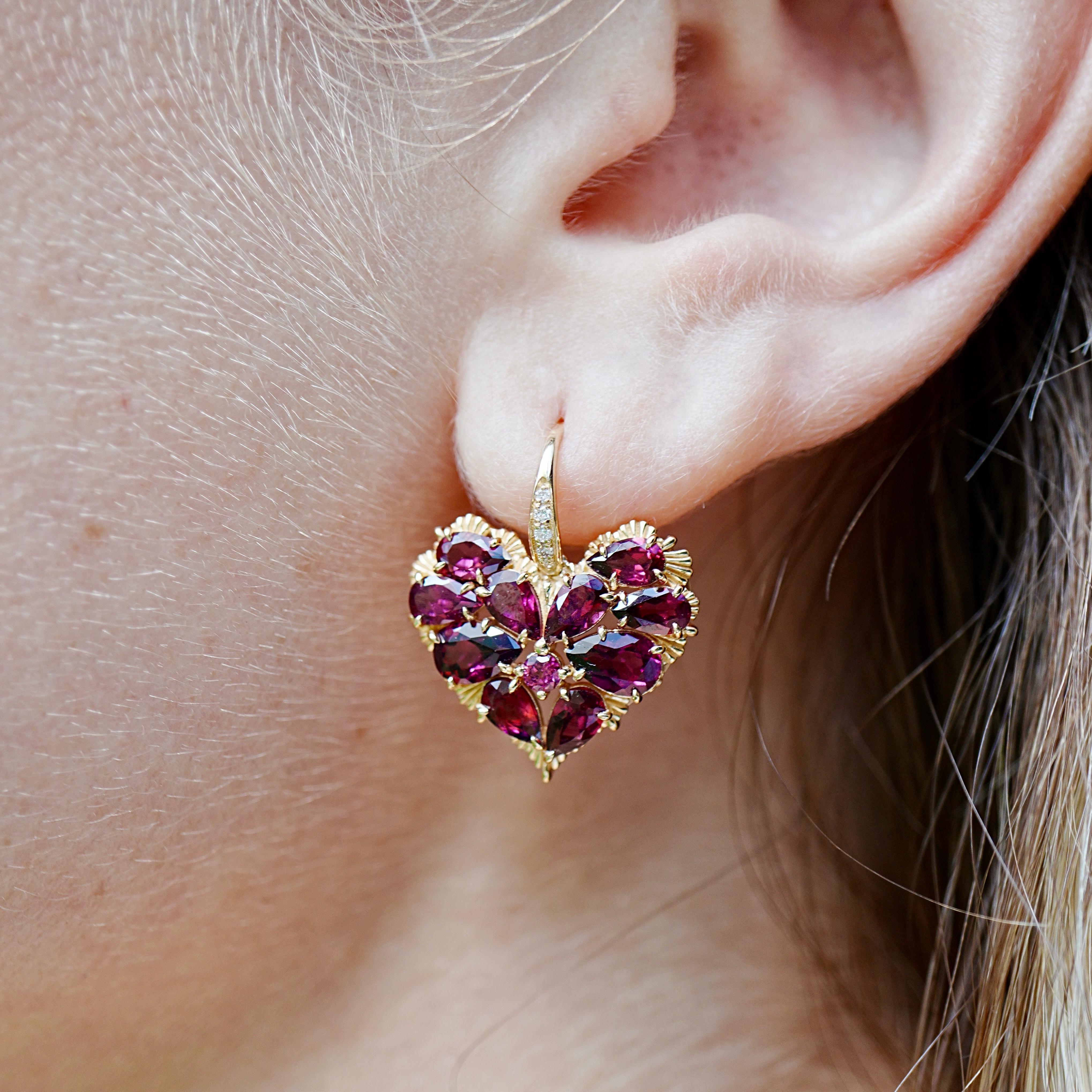 Nina Zhou Fantasy 6.45ctw Natural Heart Rhodolite & Diamond Drop Earrings In New Condition For Sale In Rowland Heights, CA