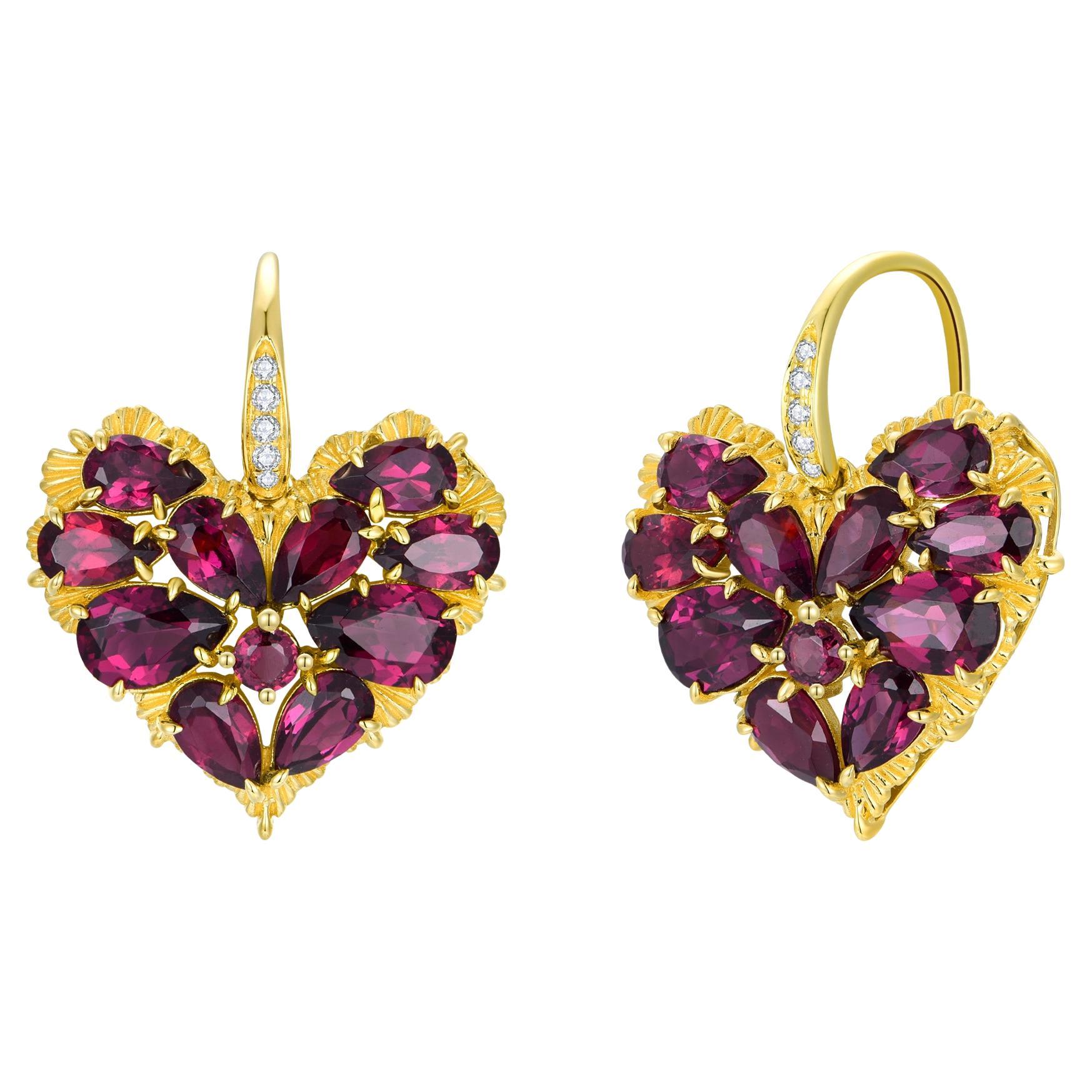 Nina Zhou Fantasy 6.45ctw Natural Heart Rhodolite & Diamond Drop Earrings For Sale