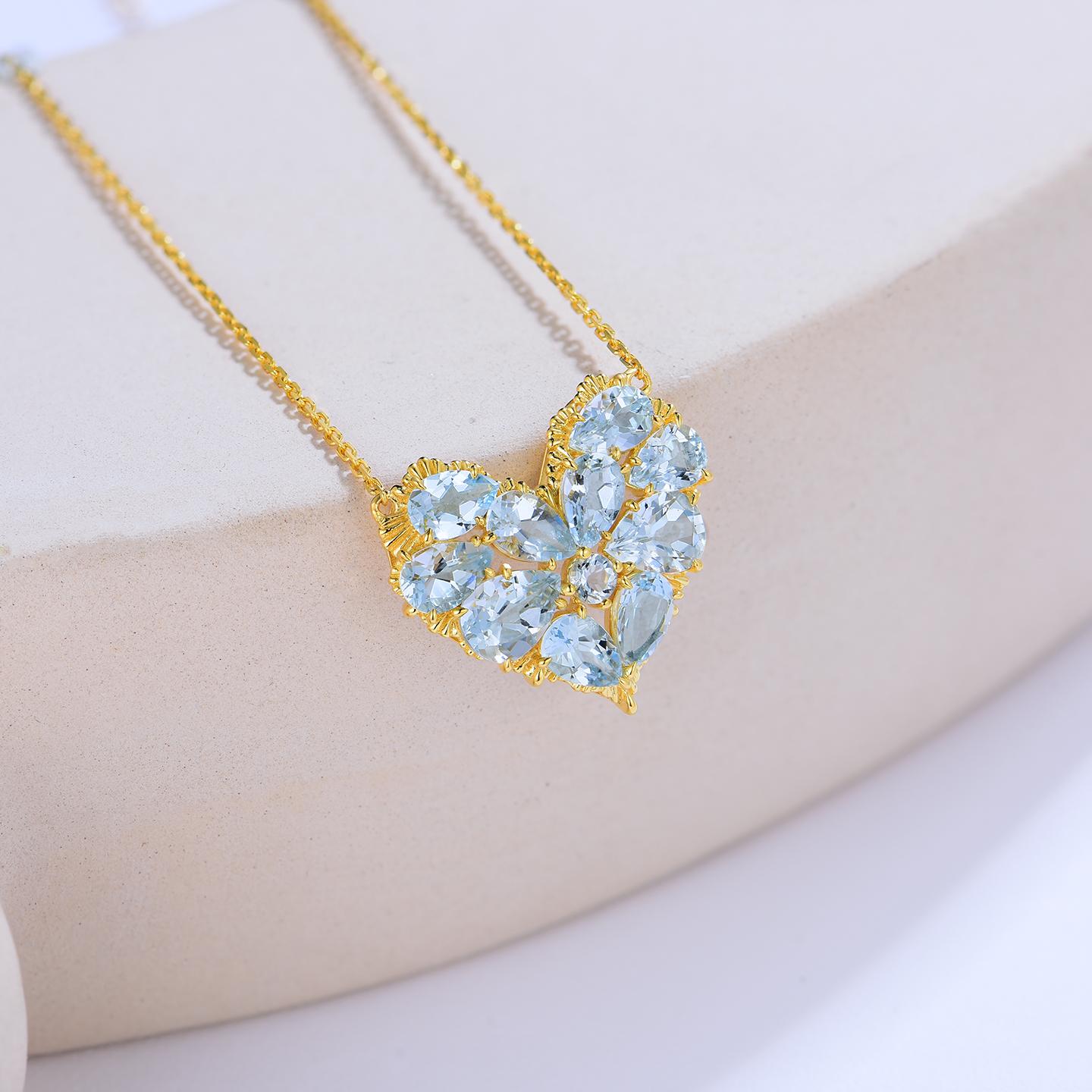 Nina Zhou Fantasy Aquamarine Heart Pendant Necklace In New Condition In Rowland Heights, CA