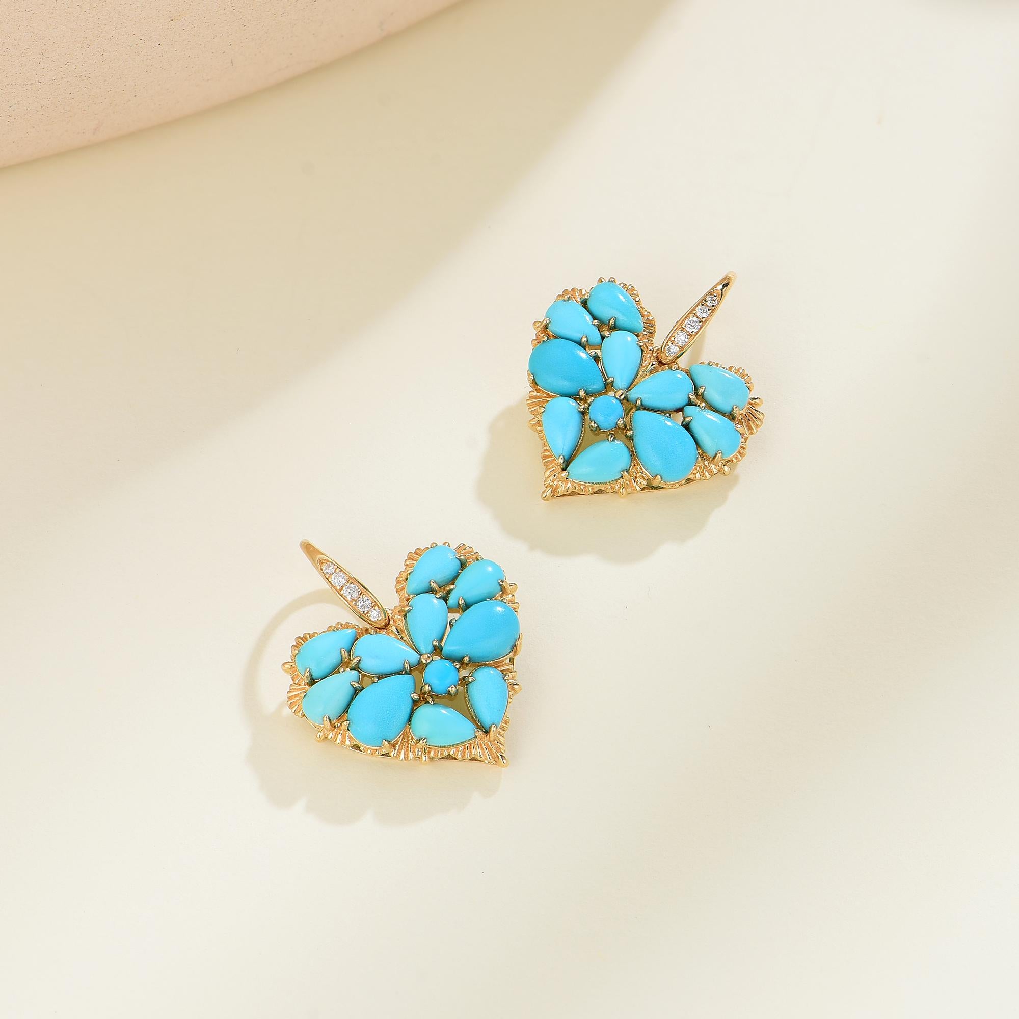 Modern Nina Zhou Fantasy 5.25ctw Natural Heart Turquoise & Diamond Drop Earrings For Sale