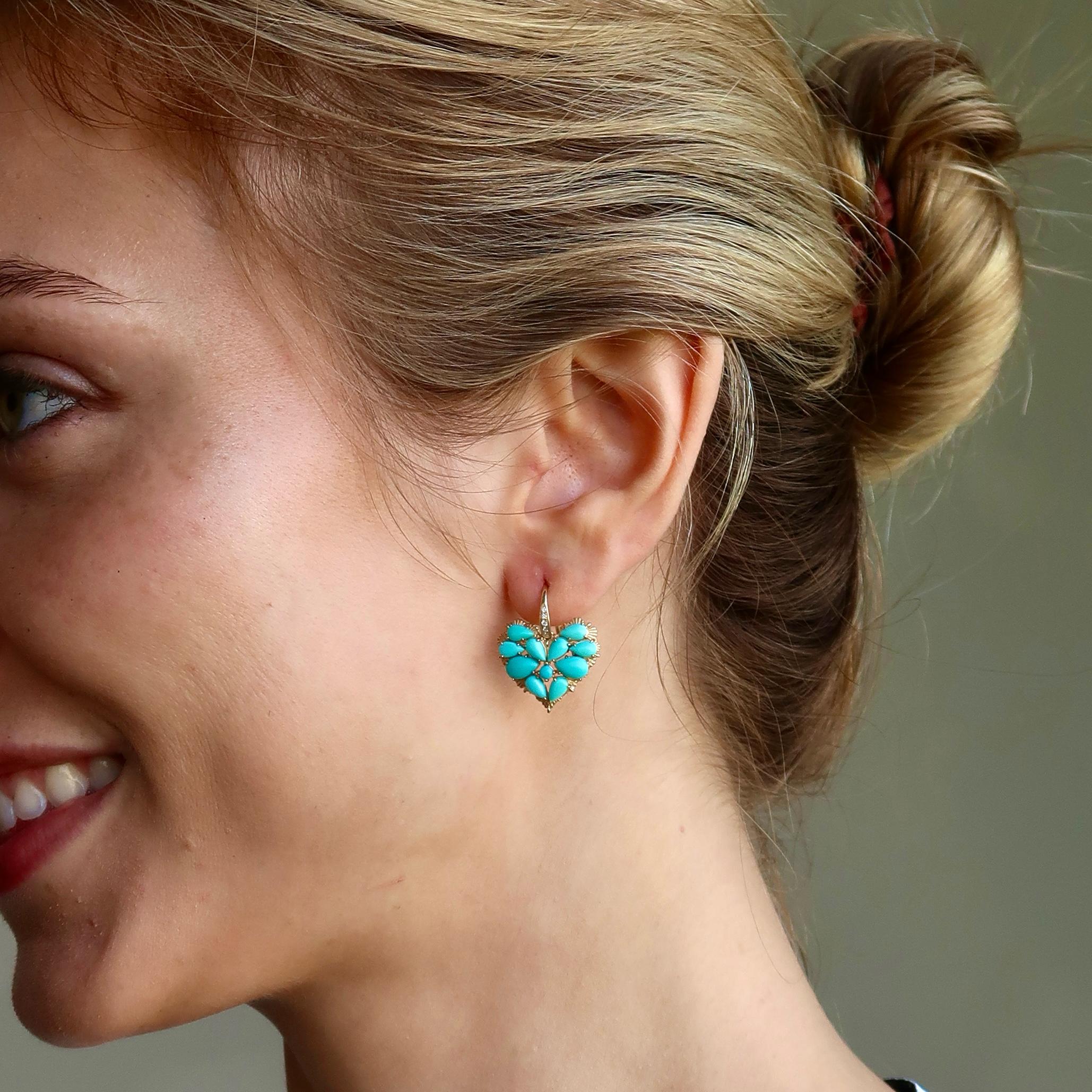 Cabochon Nina Zhou Fantasy 5.25ctw Natural Heart Turquoise & Diamond Drop Earrings For Sale