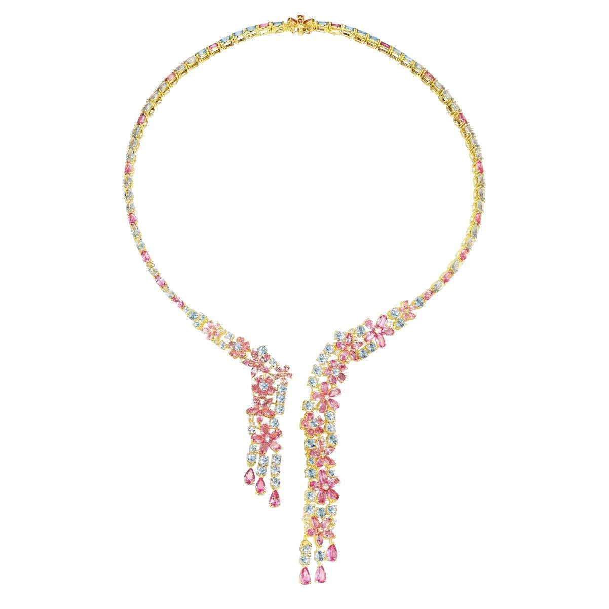 Nina Zhou Galaxy 50.50ctw Aquamarine Pink Sapphire Diamond Statement Necklace en vente