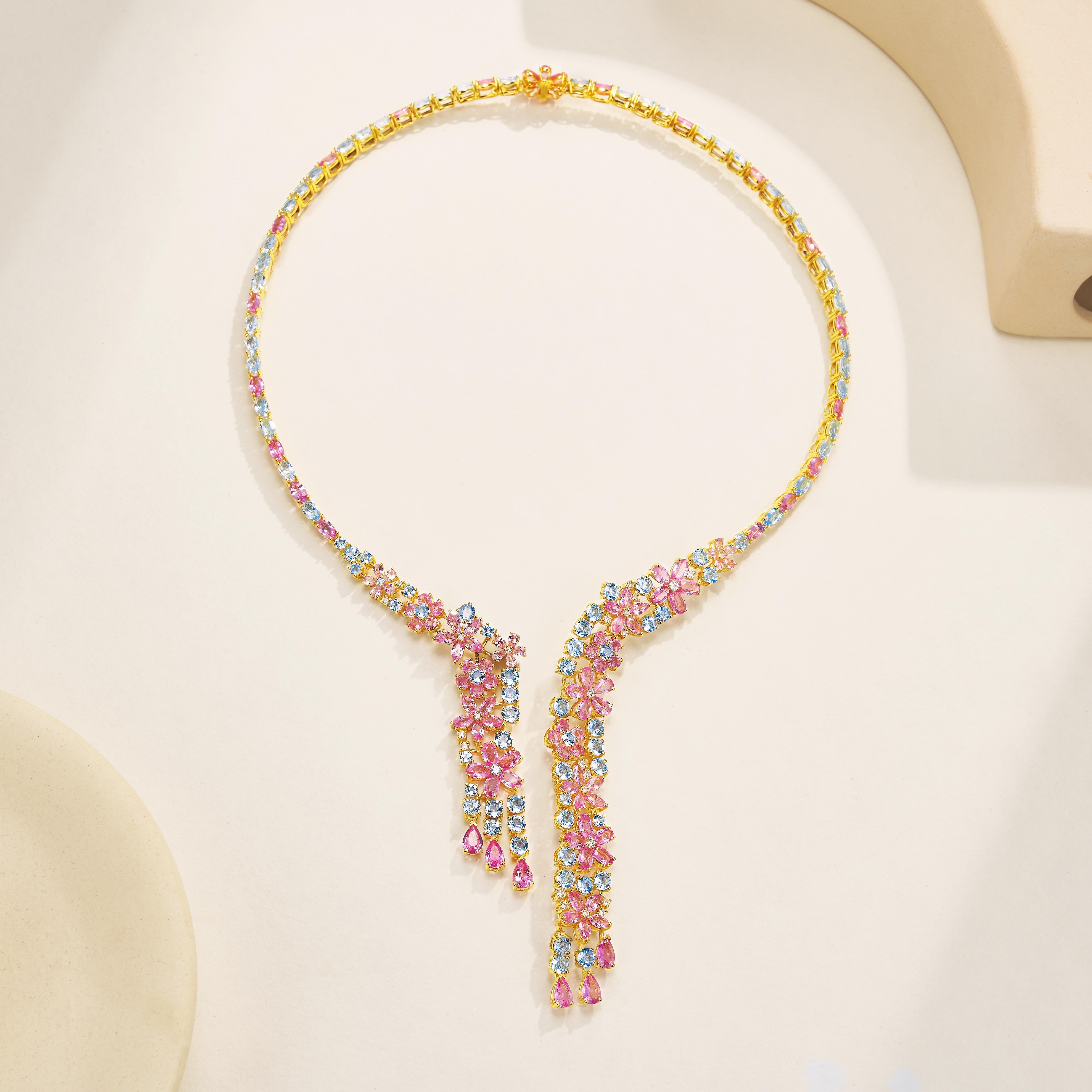 Nina Zhou Galaxy Aquamarine Pink Sapphire Diamond Statement Necklace For Sale 1