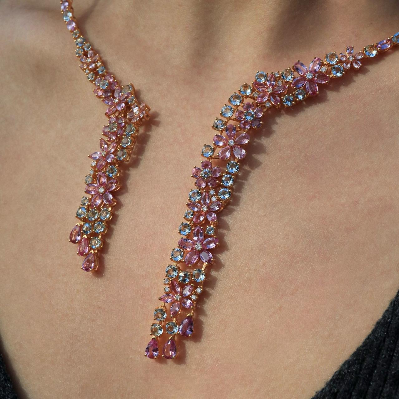 Modern Nina Zhou Galaxy Aquamarine Pink Sapphire Diamond Statement Necklace For Sale