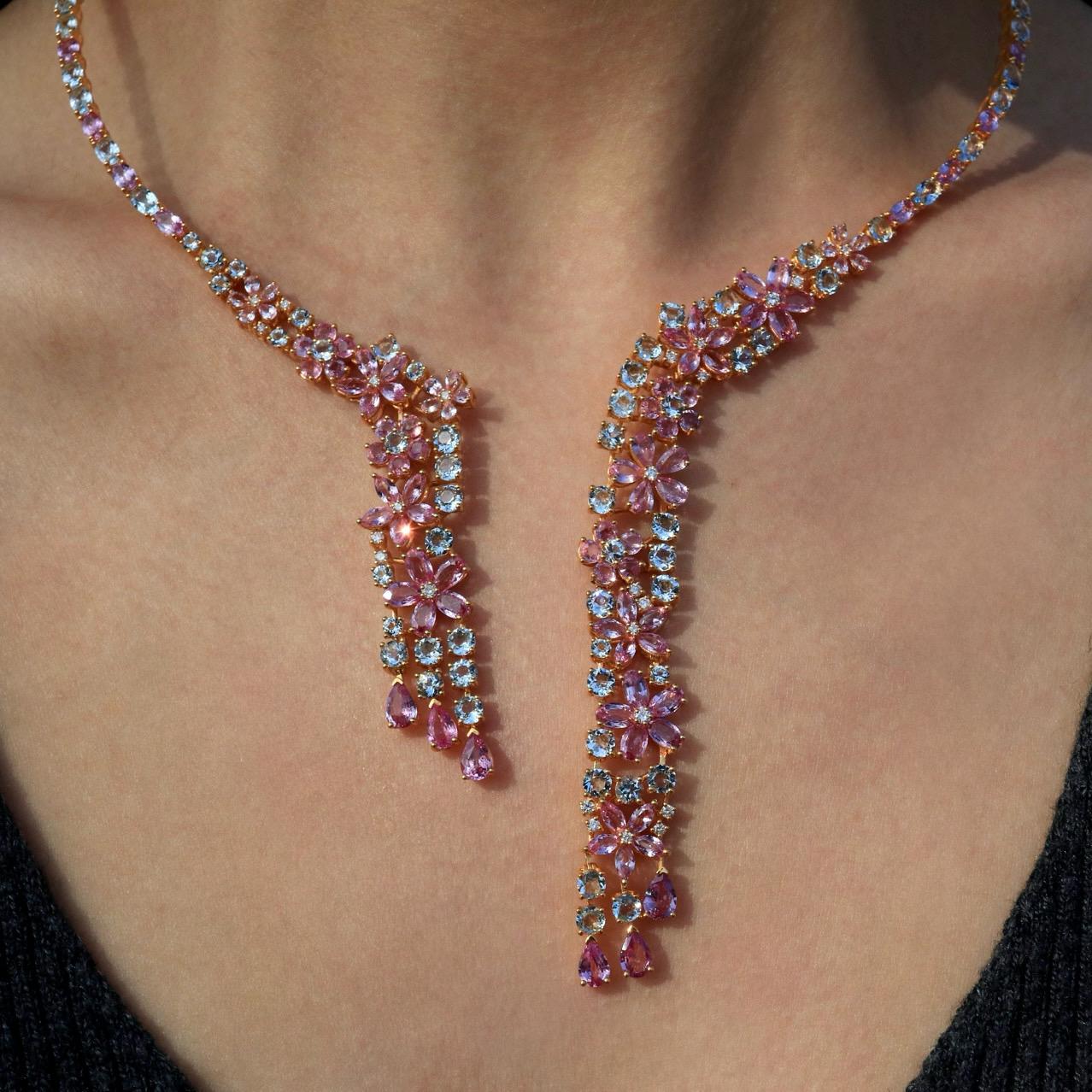 Nina Zhou Galaxy Aquamarine Pink Sapphire Diamond Statement Necklace For Sale 2