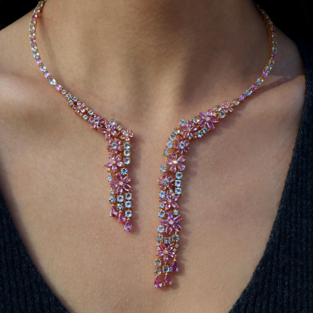 Nina Zhou Galaxy Aquamarine Pink Sapphire Diamond Statement Necklace For Sale 3