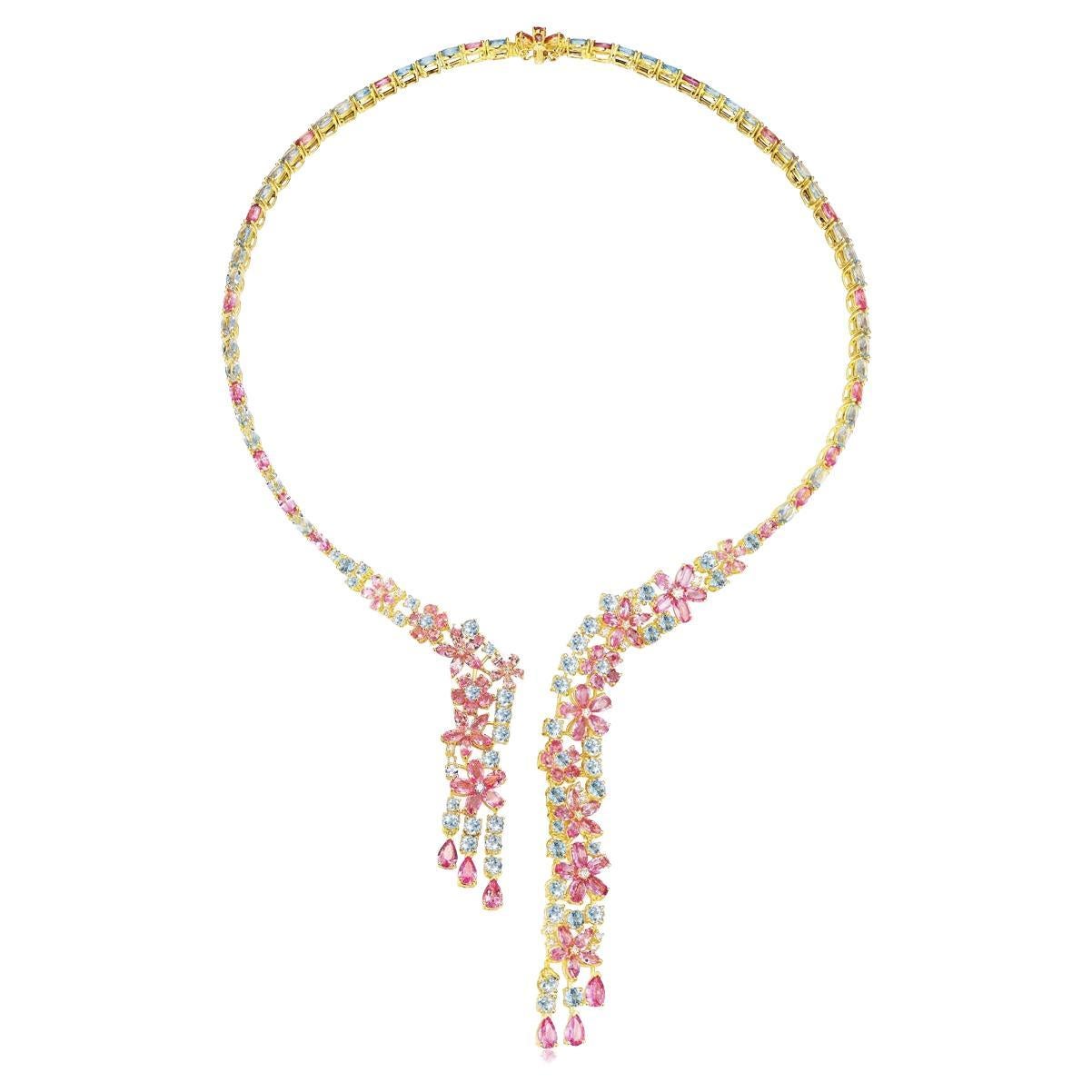 Nina Zhou Galaxy Aquamarine Pink Sapphire Diamond Statement Necklace