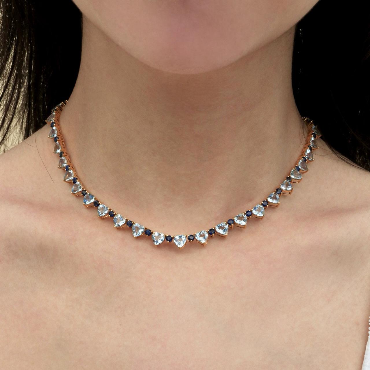 Modern Nina Zhou Heart Aquamarine Sapphire Diamond Tennis Necklace For Sale
