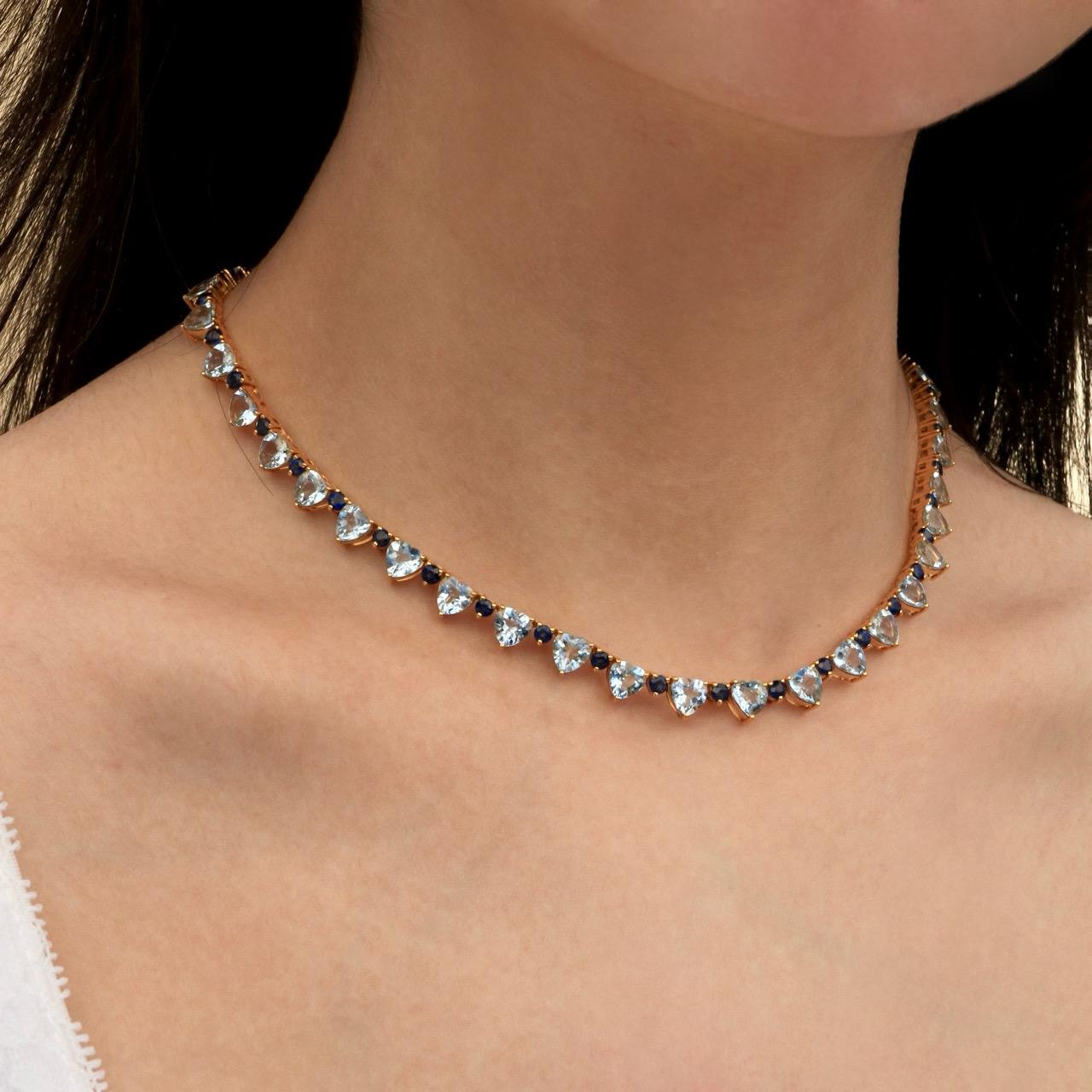 Nina Zhou Heart Aquamarine Sapphire Diamond Tennis Necklace For Sale 1