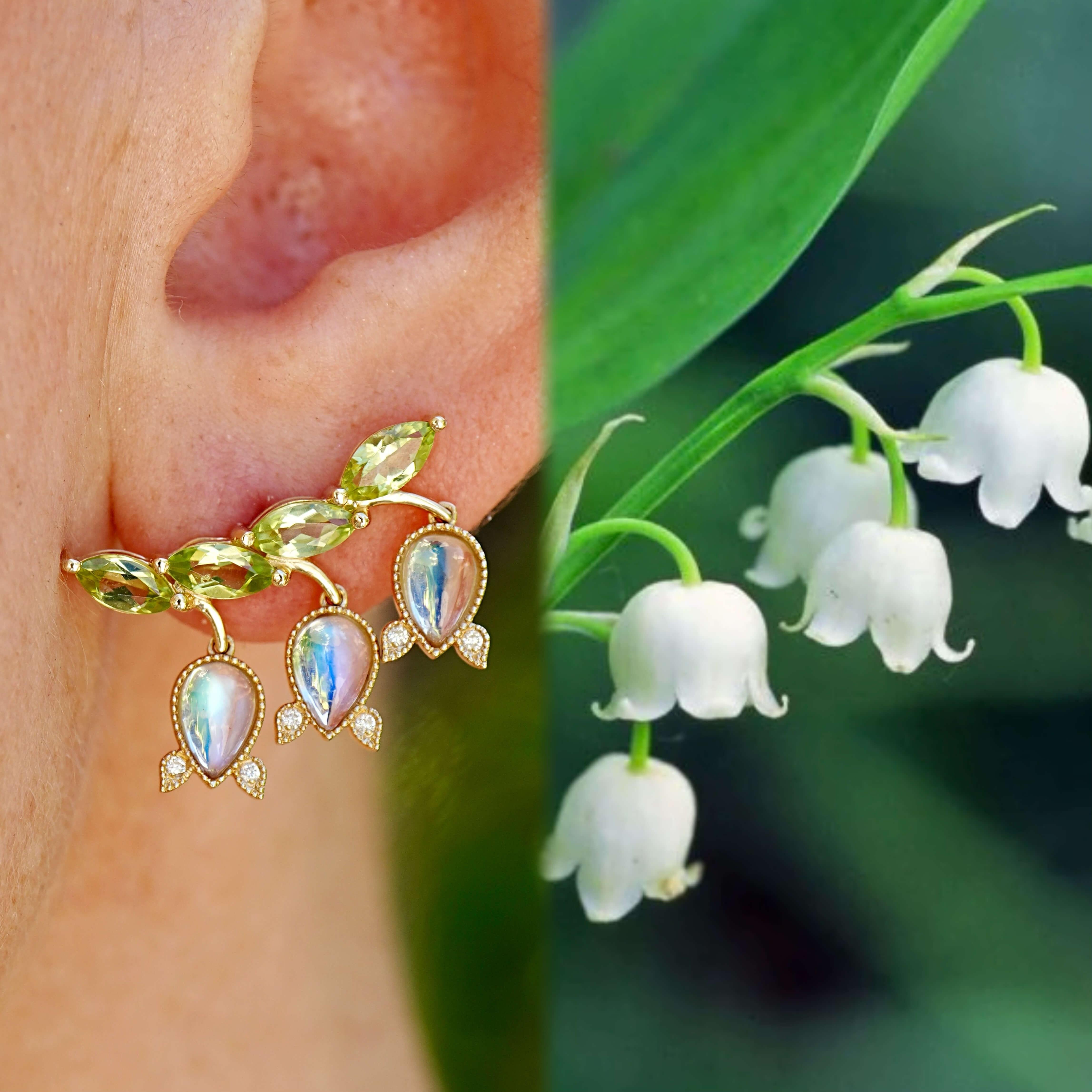 Orecchini Nina Zhou Lily of the Valley con pietra di luna e peridoto da 3,26 carati e diamanti In condizioni Nuovo in vendita a Rowland Heights, CA