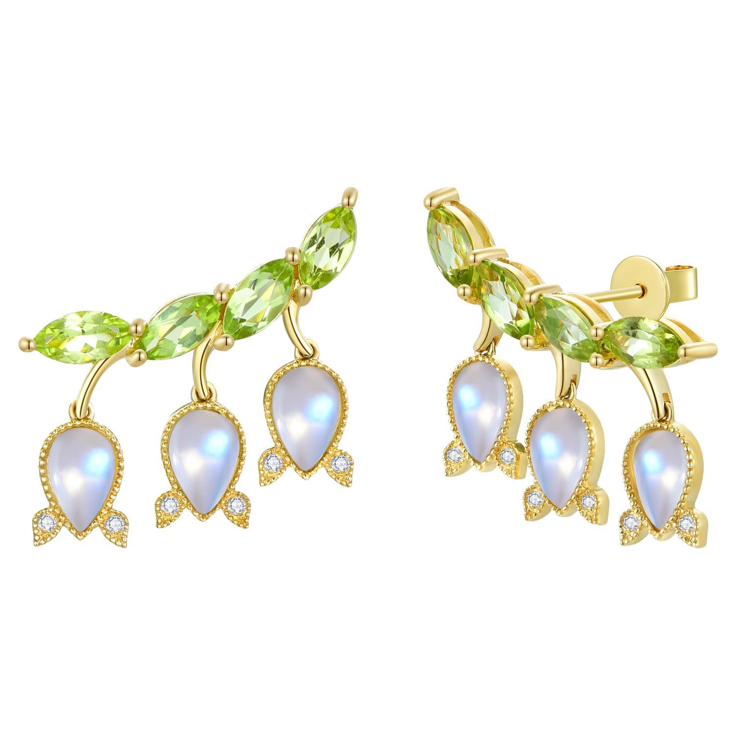 Orecchini Nina Zhou Lily of the Valley con pietra di luna e peridoto da 3,26 carati e diamanti in vendita