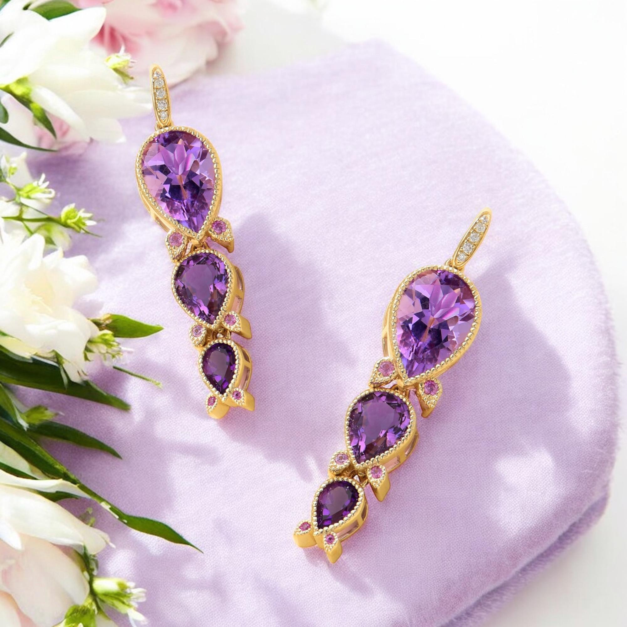 Nina Zhou Lily of Valley - Pendants d'oreilles en améthyste, saphir rose et diamant de 8,40ctw Neuf - En vente à Rowland Heights, CA
