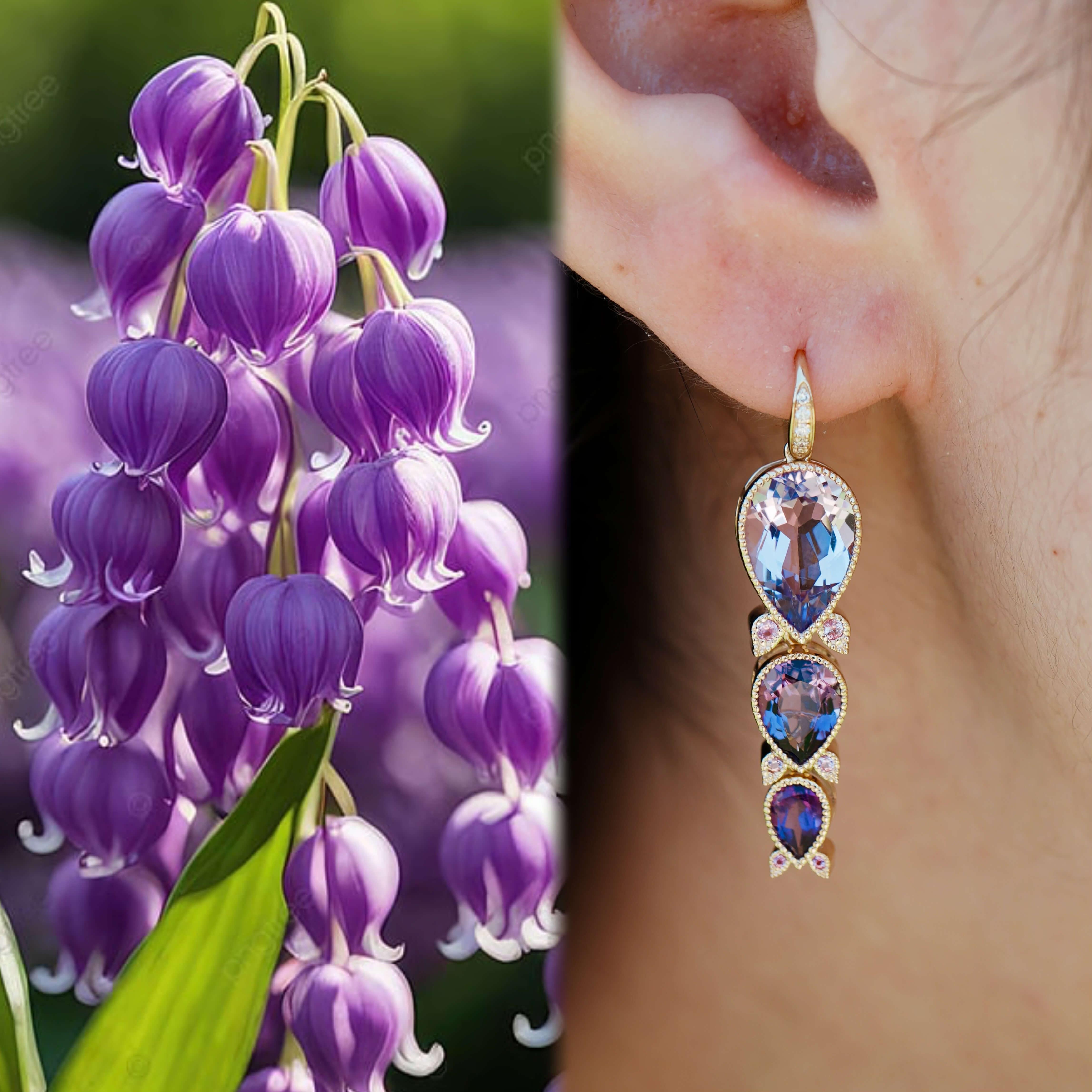 Inspired by the gentle arch of lily of the valley blooms, these drop earrings celebrate grace in its purest form. Set in 14K yellow gold, cascading pear-cut purple amethysts are accented with delicate pink sapphires and diamonds, creating a