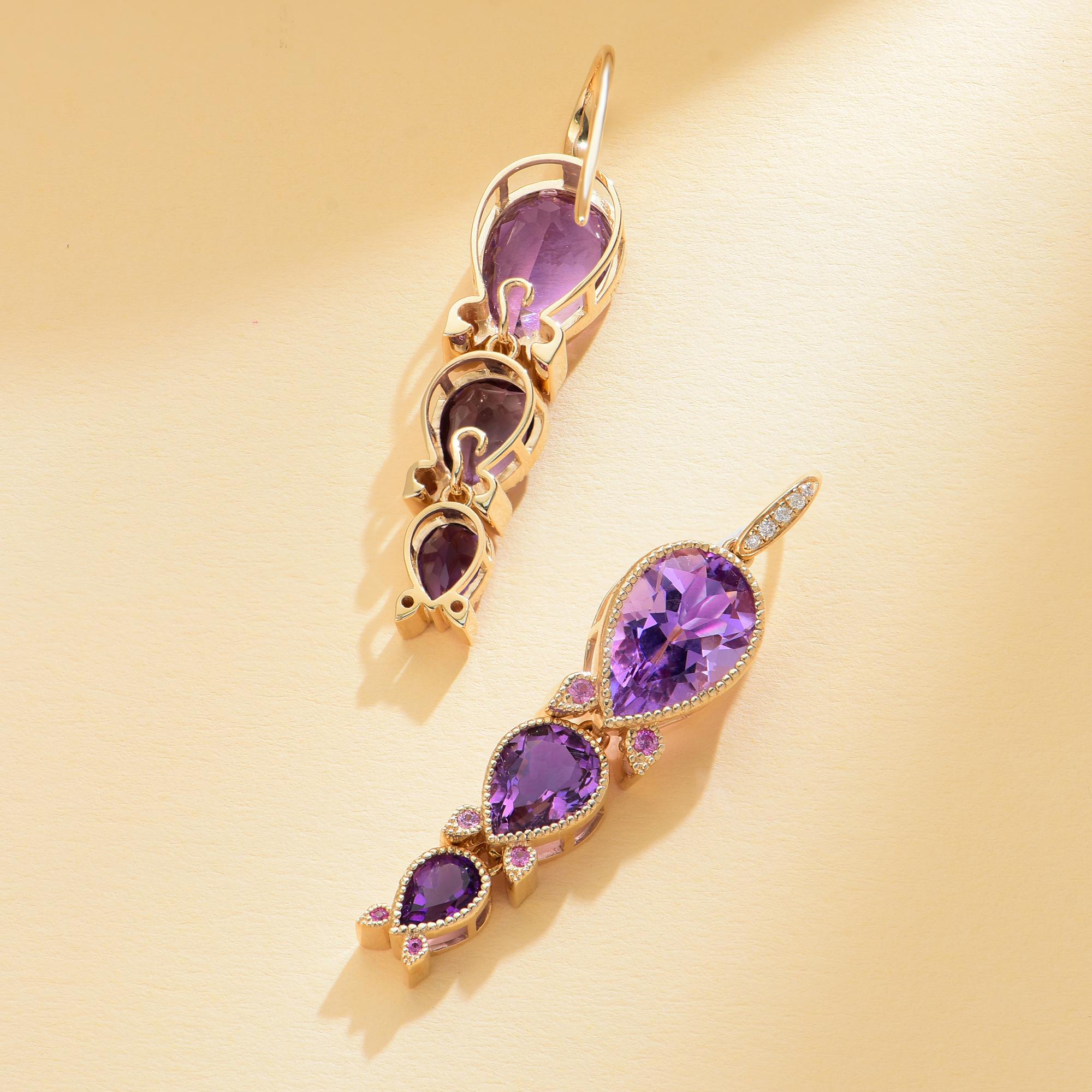 Modern Nina Zhou Lily of Valley 8.40ctw Amethyst, Pink Sapphire & Diamond Drop Earrings For Sale