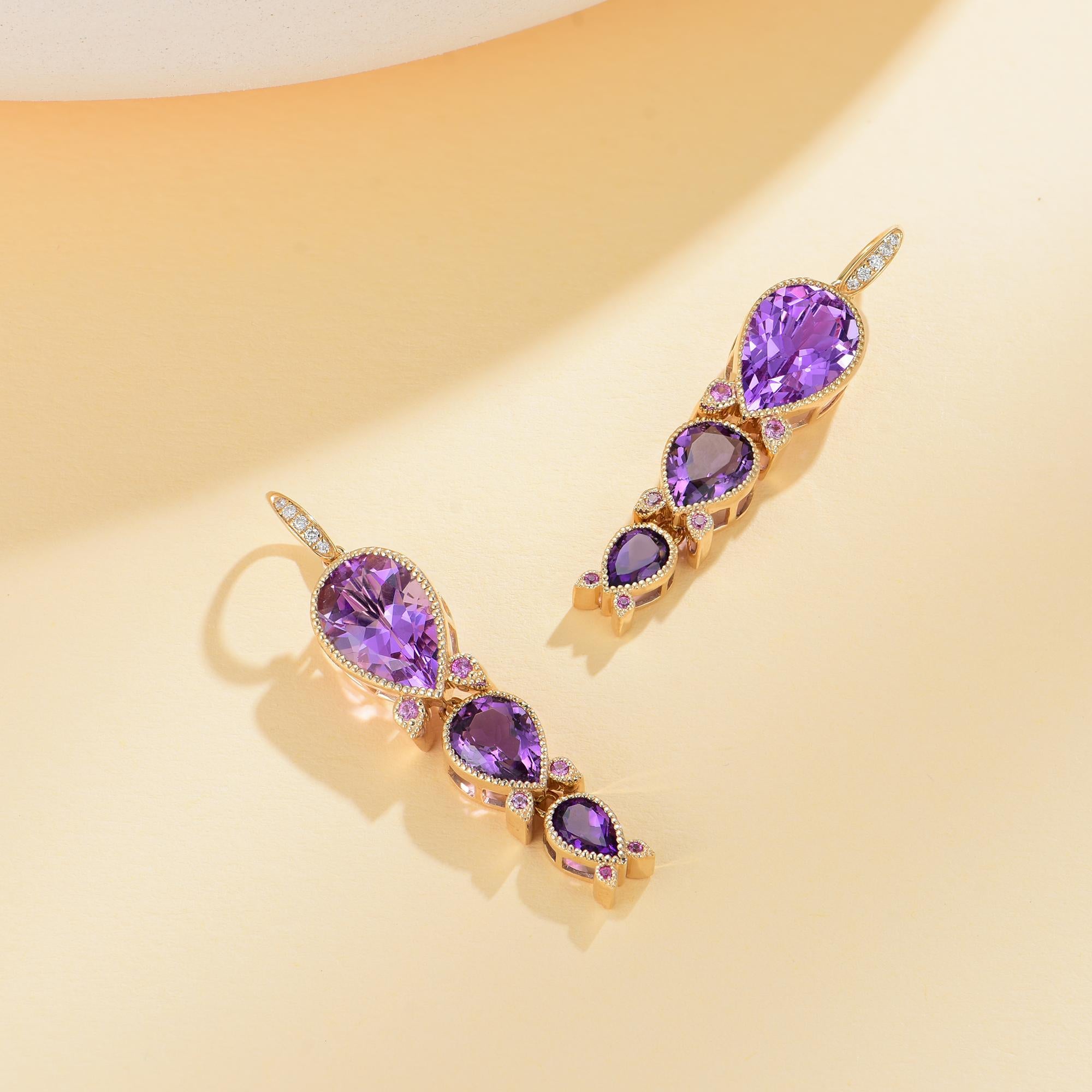 Nina Zhou Lily of Valley 8.40ctw Amethyst, Pink Sapphire & Diamond Drop Earrings In New Condition For Sale In Rowland Heights, CA