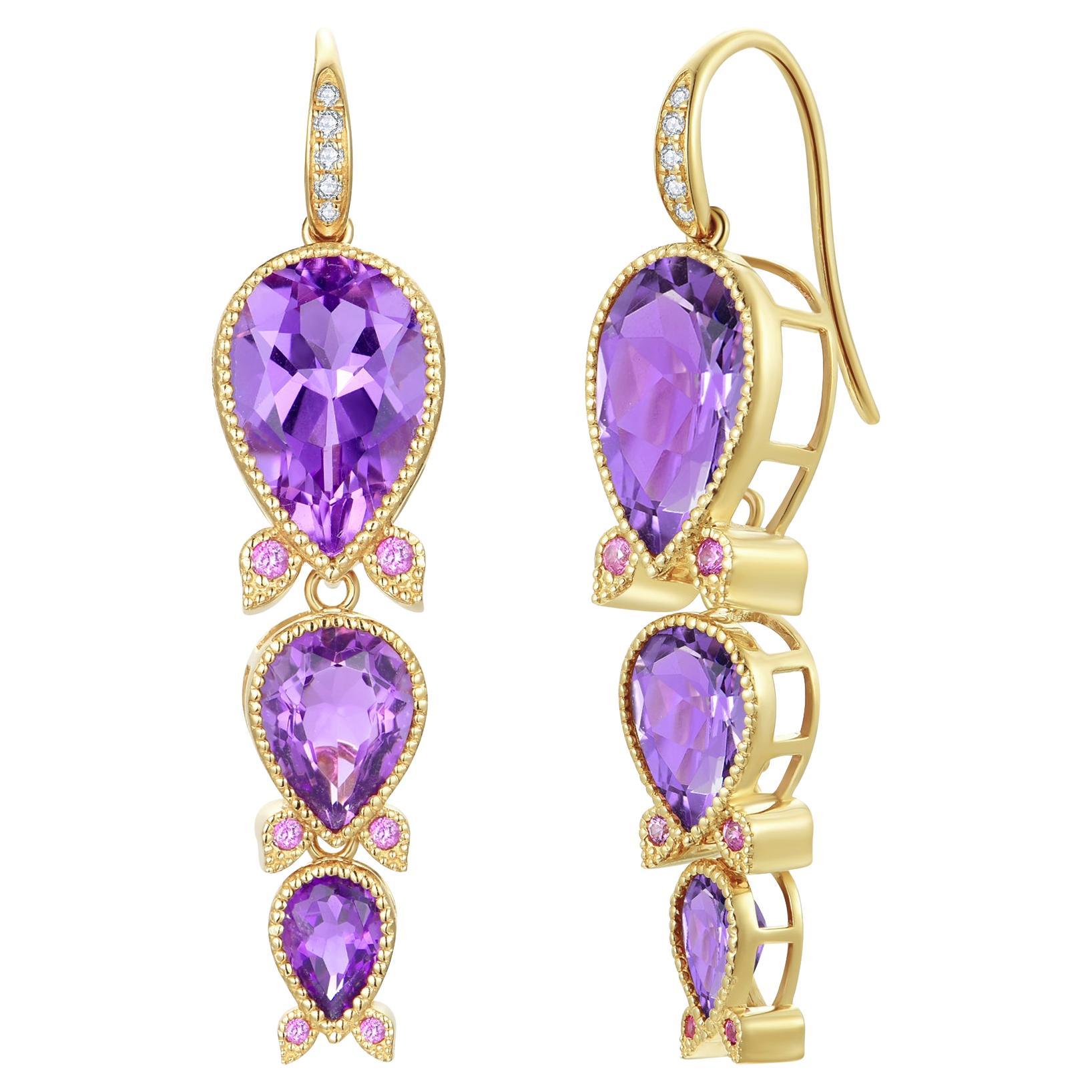 Nina Zhou Lily of Valley Purple Amethyst, Pink Sapphire & Diamond Drop Earrings