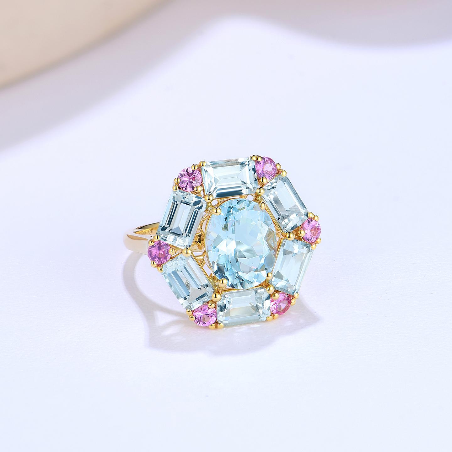 Nina Zhou Margeret Cocktail-Ring, 5,60 Karat Aquamarin, rosa Saphir (Moderne) im Angebot