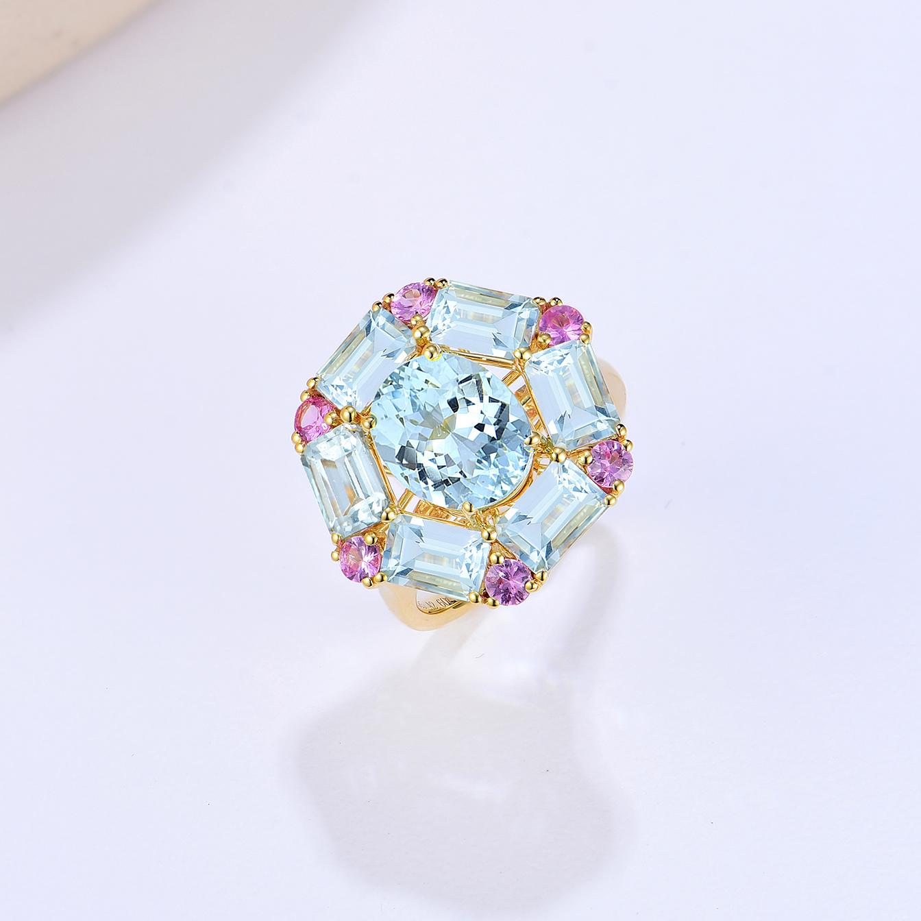 Nina Zhou Margeret Cocktail-Ring, 5,60 Karat Aquamarin, rosa Saphir im Zustand „Neu“ im Angebot in Rowland Heights, CA