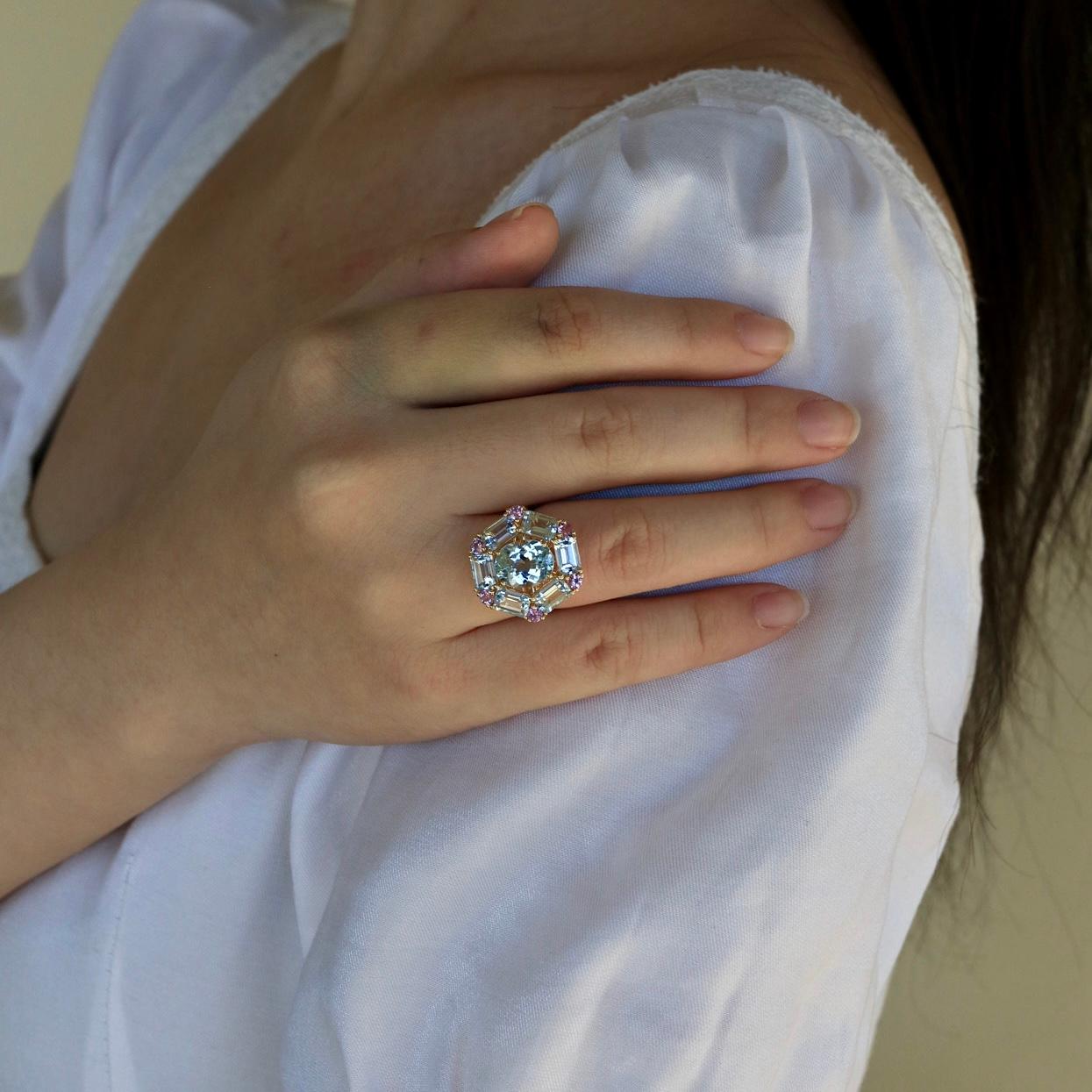 Nina Zhou Margeret Cocktail-Ring, 5,60 Karat Aquamarin, rosa Saphir im Angebot 1