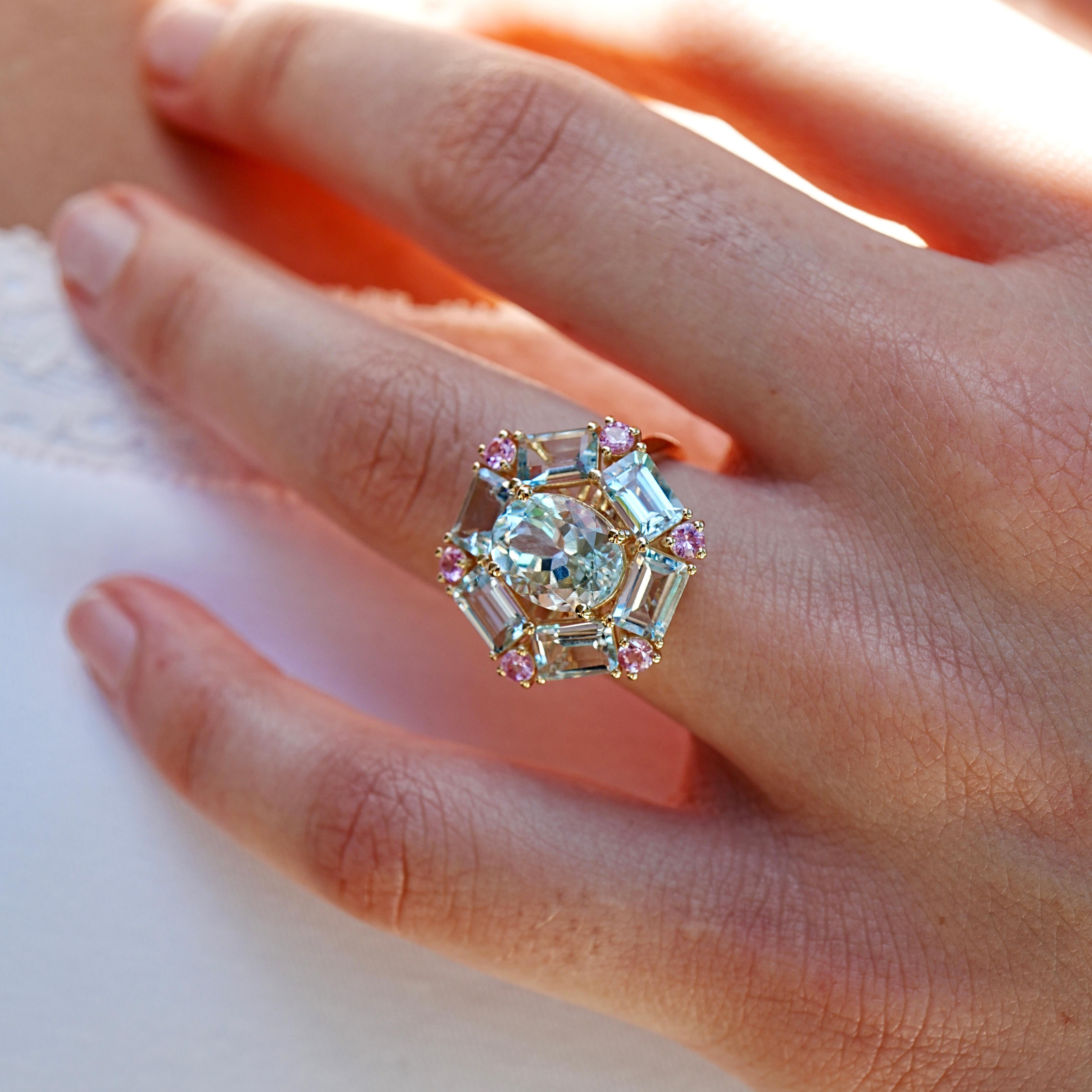 Nina Zhou Margeret Anillo de Cóctel Zafiro Rosa Aguamarina 5,60 ctw Moderno en venta