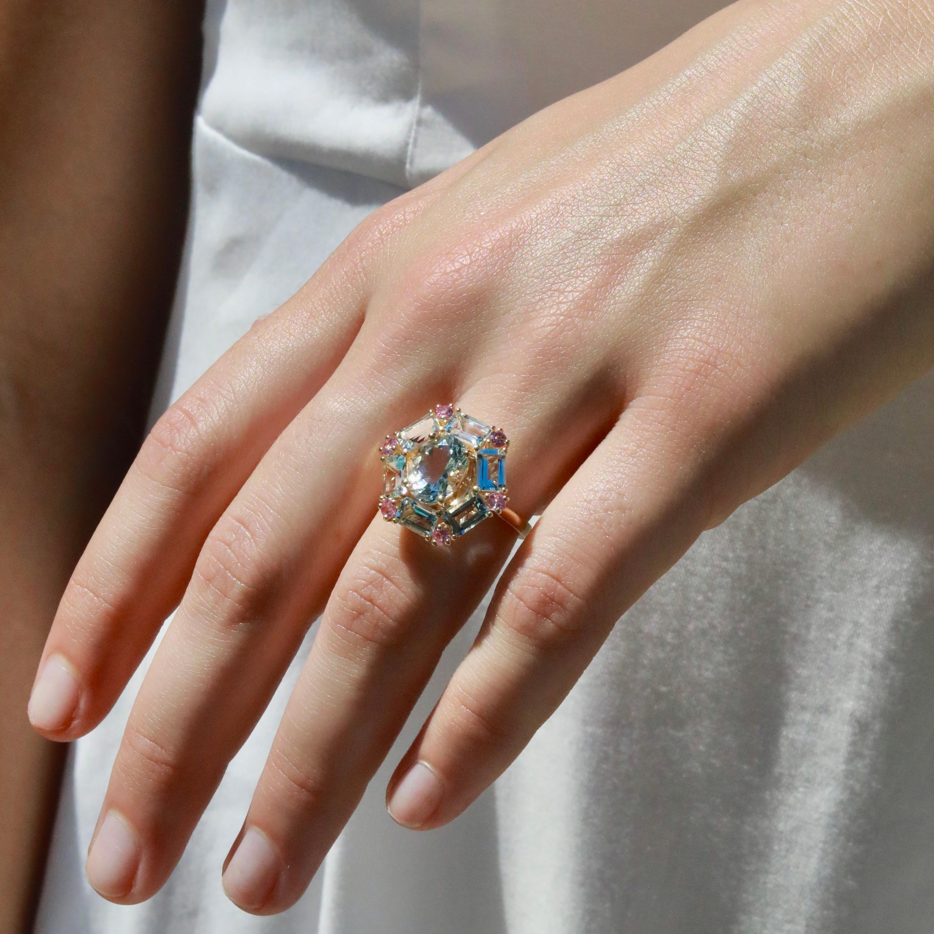Nina Zhou Margeret 5,60ctw Aquamarin Rosa Saphir Cocktail Ring im Angebot 2