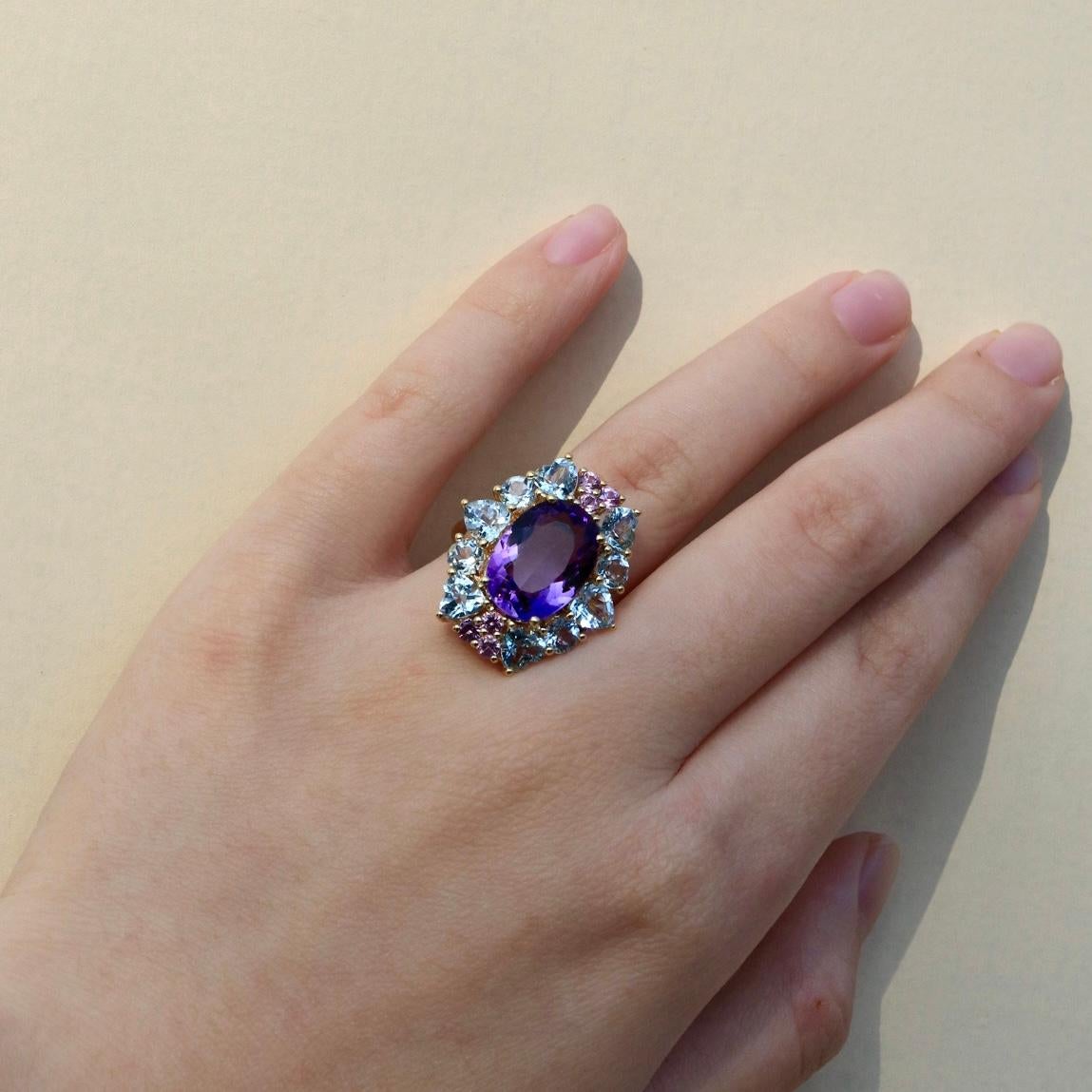 For Sale:  Nina Zhou Margaret Amethyst Aquamarine Pink Sapphire Cocktail Ring 6