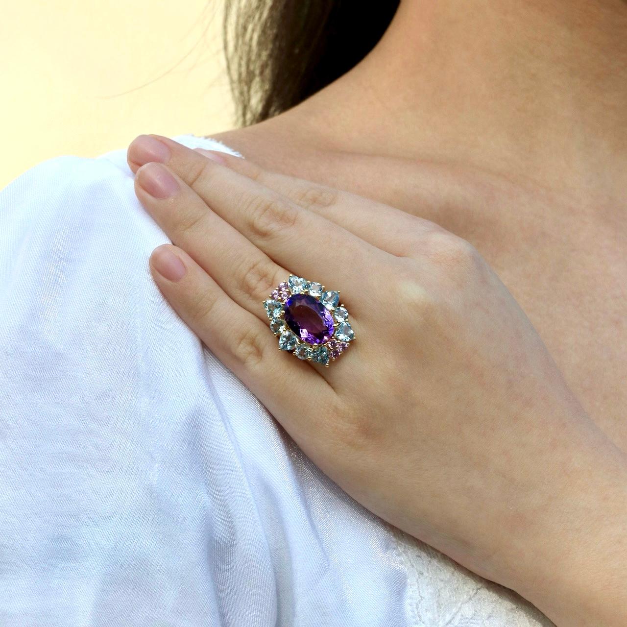 For Sale:  Nina Zhou Margaret Amethyst Aquamarine Pink Sapphire Cocktail Ring 7