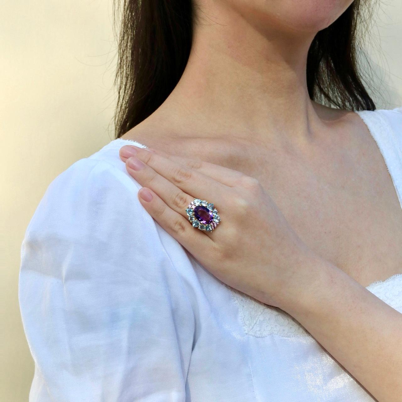 For Sale:  Nina Zhou Margaret Amethyst Aquamarine Pink Sapphire Cocktail Ring 8