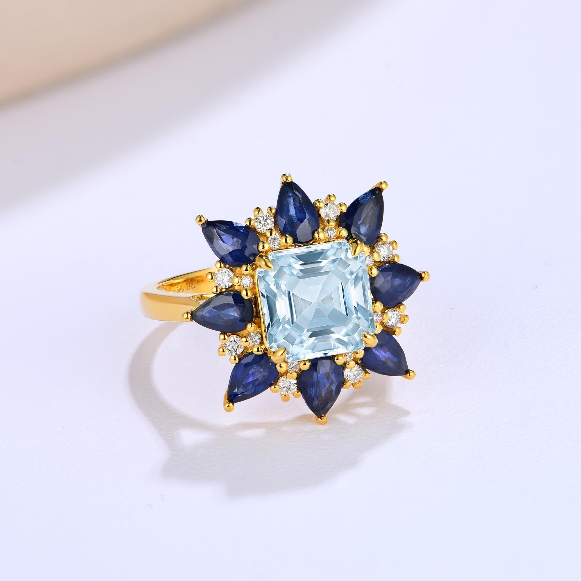 Nina Zhou Margaret Aquamarine Sapphire Diamond Cocktail Ring In New Condition For Sale In Rowland Heights, CA