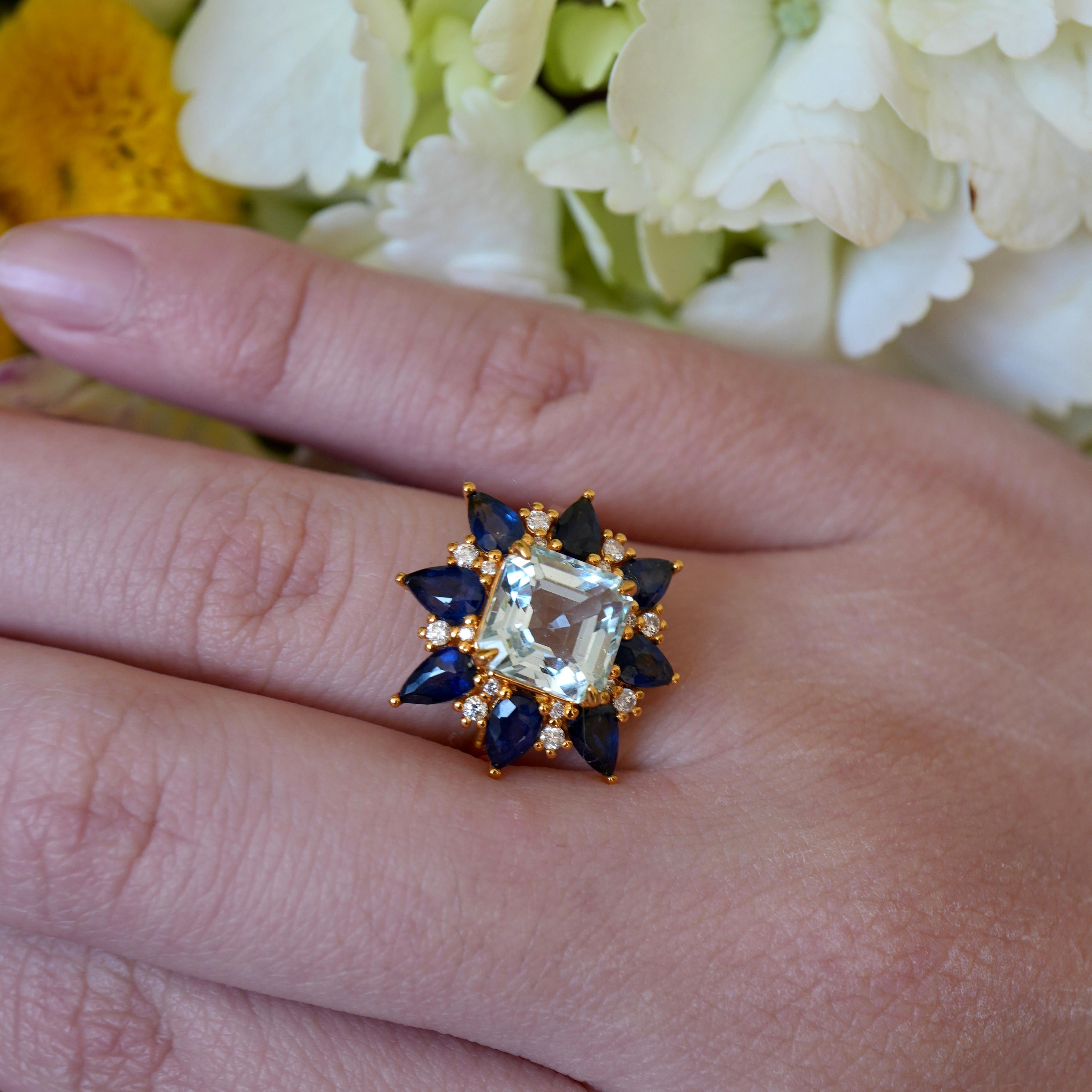 Princess Cut Nina Zhou Margaret Aquamarine Sapphire Diamond Cocktail Ring For Sale
