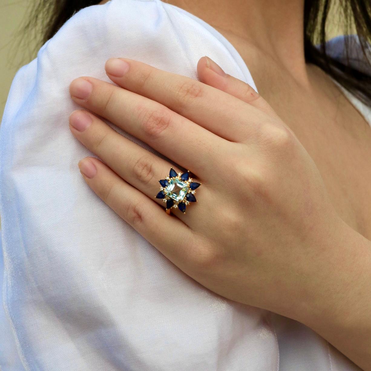 Nina Zhou Margaret Aquamarine Sapphire Diamond Cocktail Ring For Sale 1