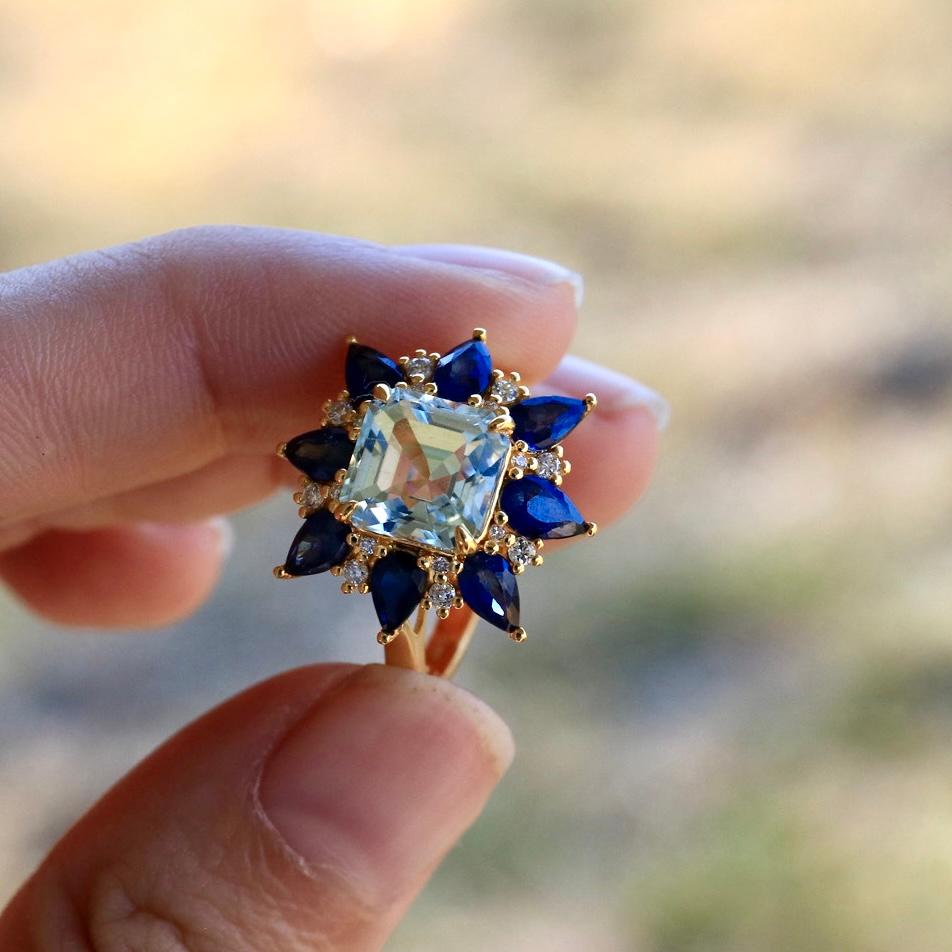Nina Zhou Margaret Aquamarine Sapphire Diamond Cocktail Ring For Sale 2