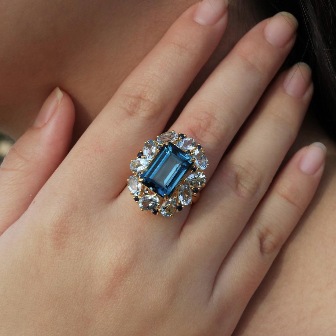 Moderno Nina Zhou Margeret London Anello Cocktail Topazio Blu Acquamarina Zaffiro