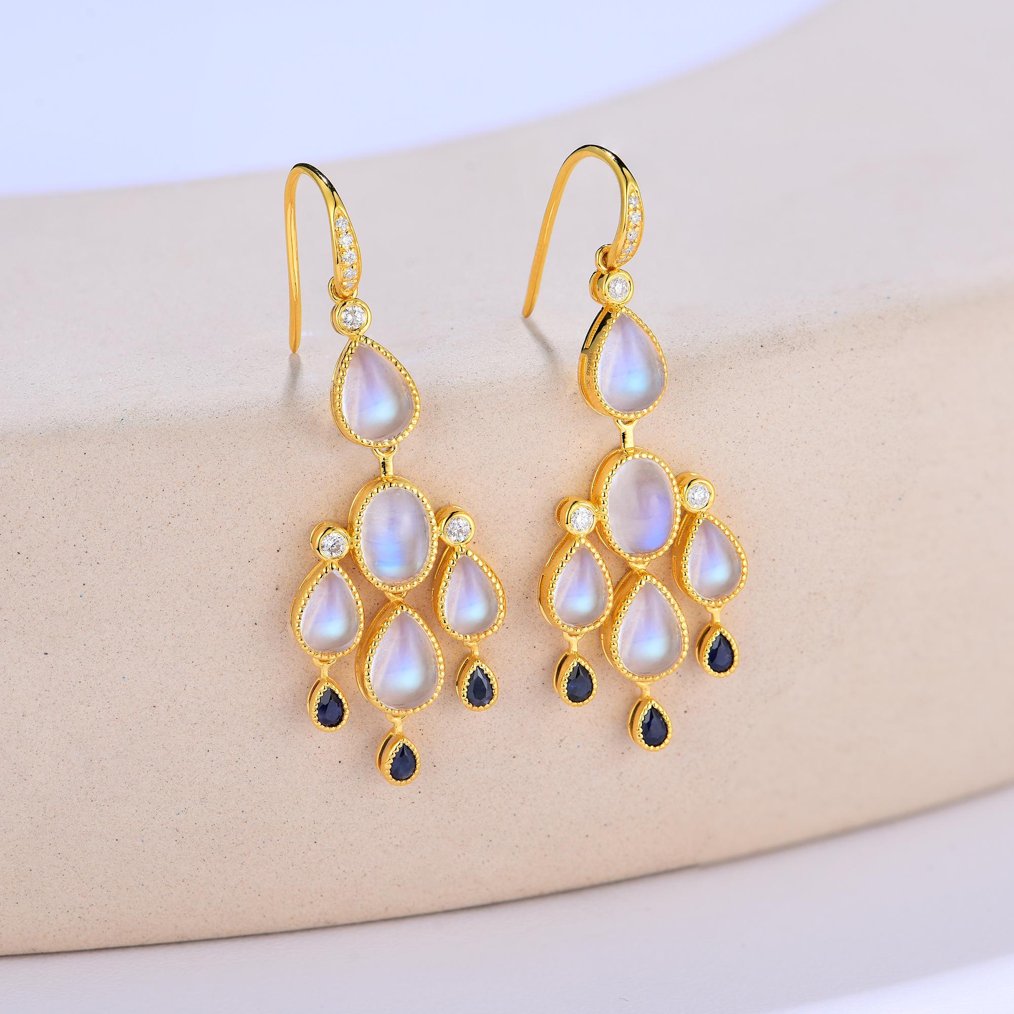 Modern Nina Zhou Moonstone Sapphire Diamond Chandelier Drop Earrings For Sale