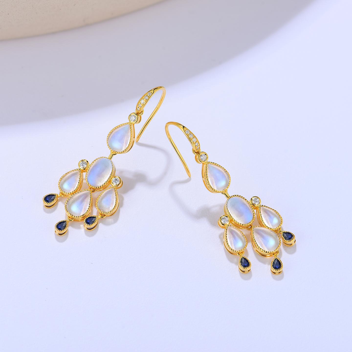 Nina Zhou Moonstone Sapphire Diamond Chandelier Drop Earrings For Sale 3