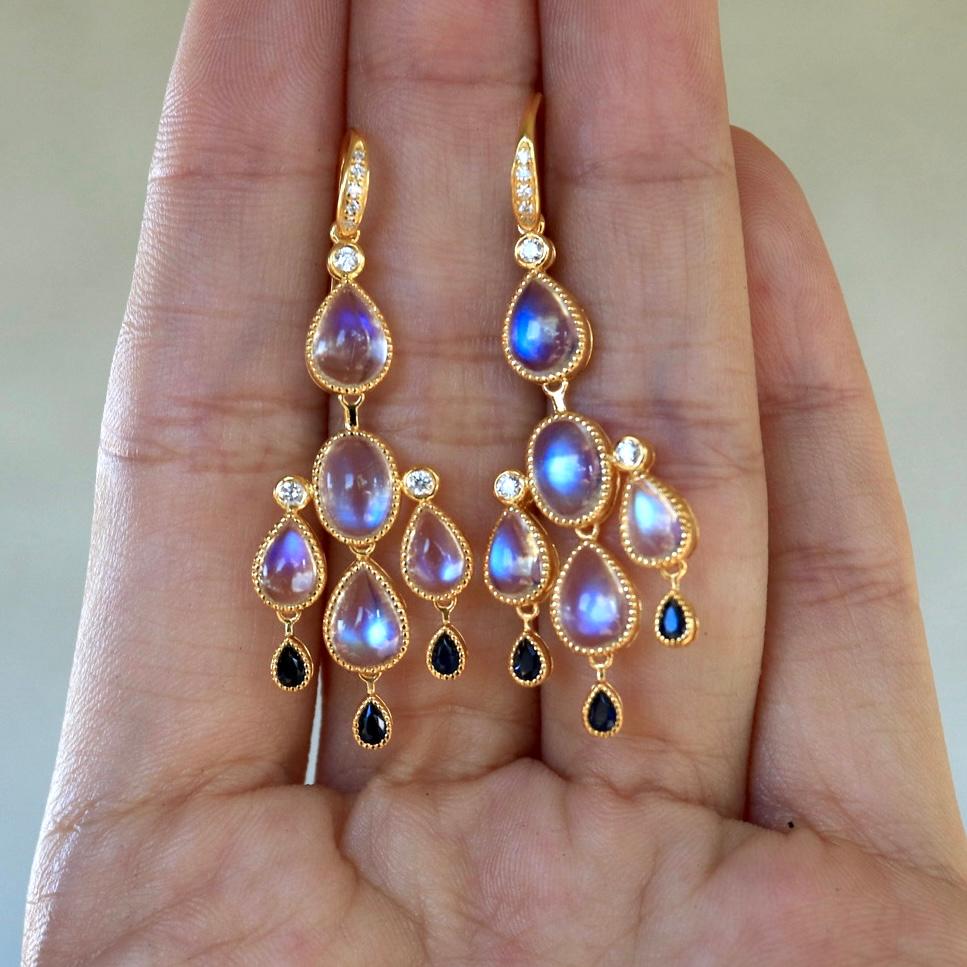 Nina Zhou Moonstone Sapphire Diamond Chandelier Drop Earrings For Sale 4