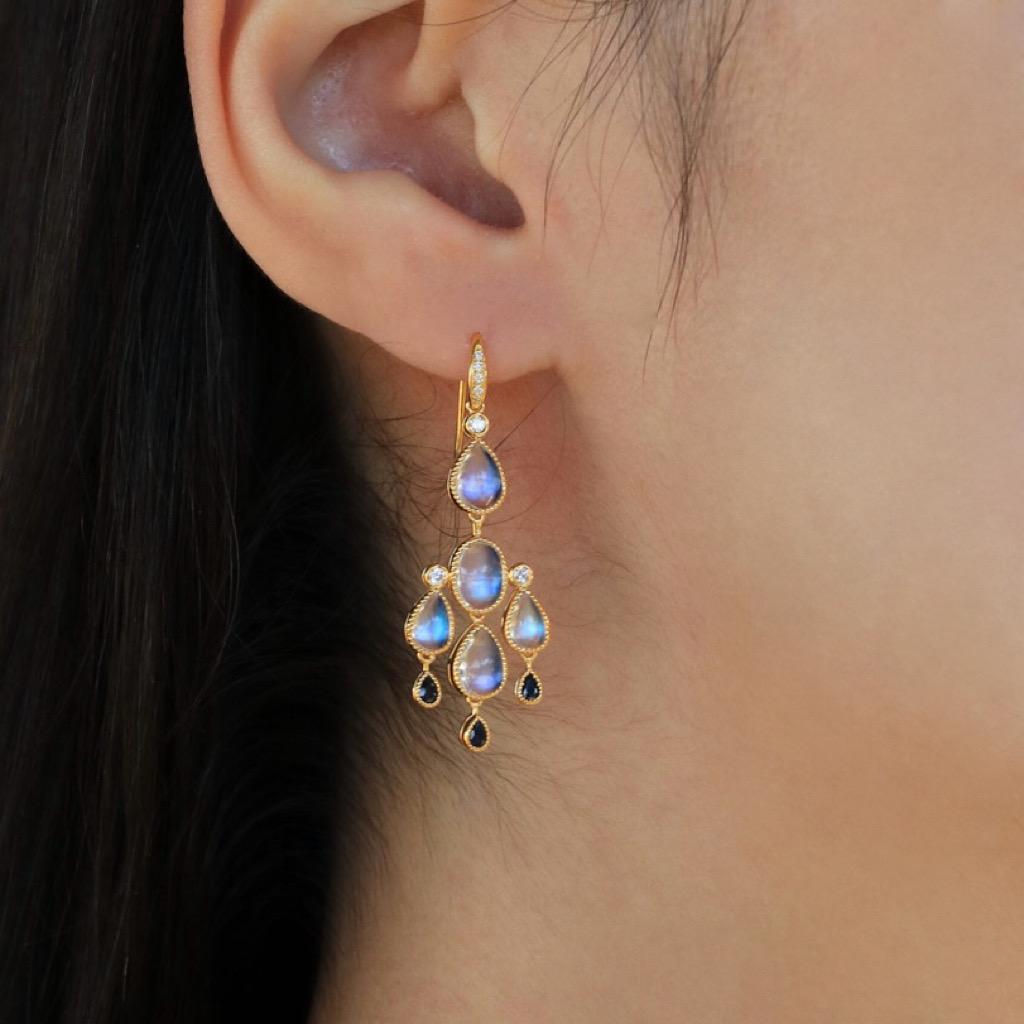 Nina Zhou Moonstone Sapphire Diamond Chandelier Drop Earrings For Sale 5