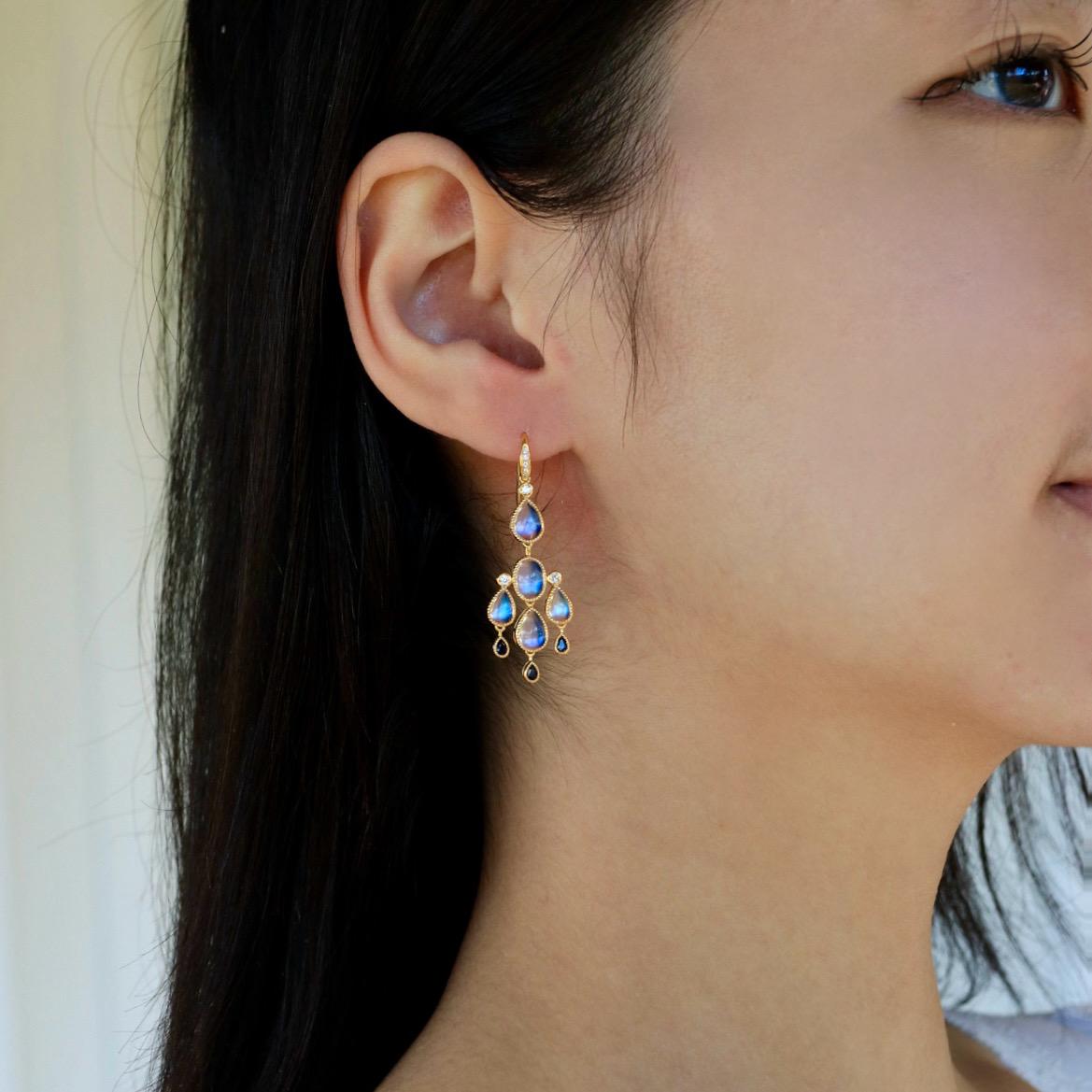 Nina Zhou Moonstone Sapphire Diamond Chandelier Drop Earrings For Sale 1