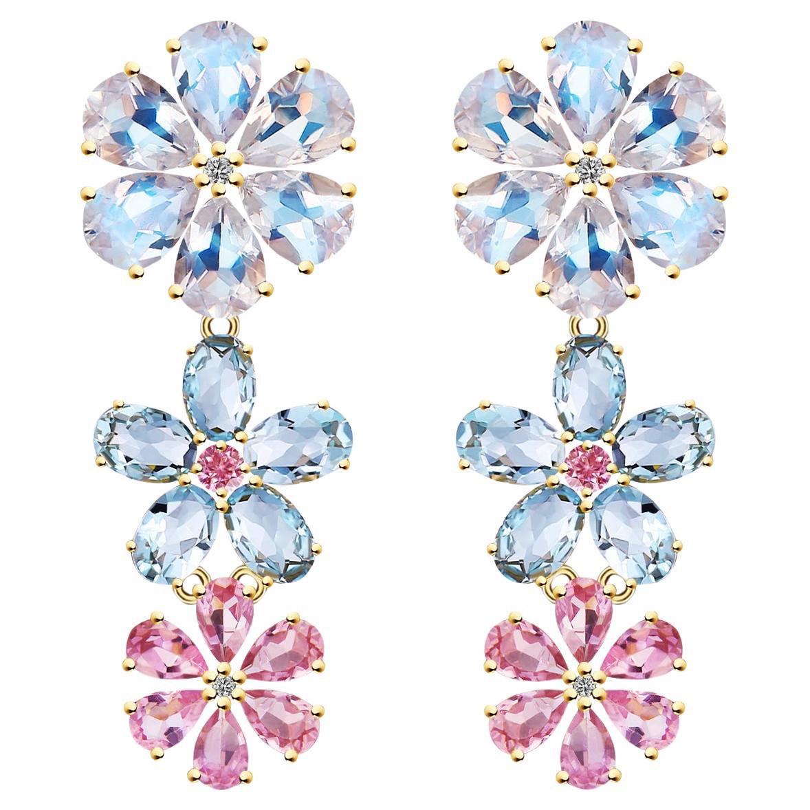 Nina Zhou Moonstone Aquamarine Pink Sapphire diamond Blossom Earrings