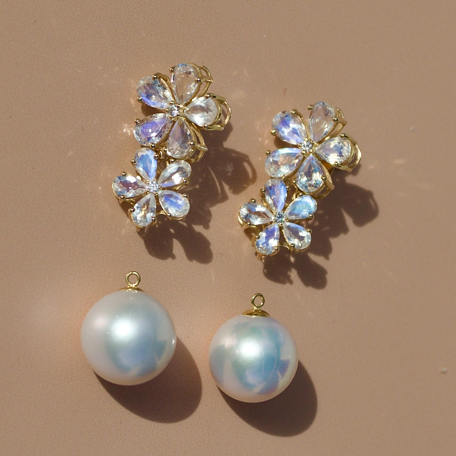 Pear Cut Nina Zhou Moonstone Diamond Blossom and 12-13mm Pearl Convertible Drop Earrings For Sale