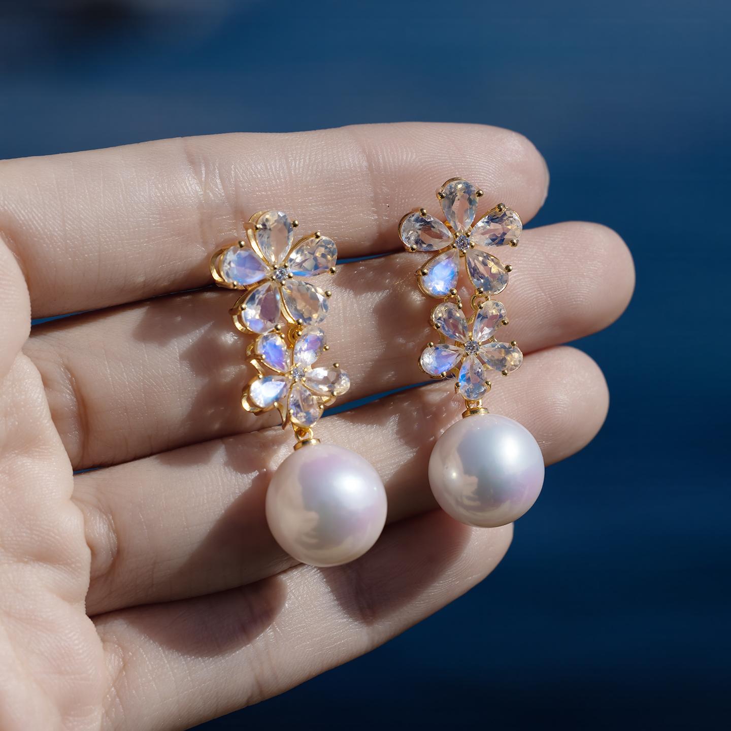 Nina Zhou 5.60ct Moonstone Diamond Double Blossom Baroque Pearl Earrings In New Condition For Sale In Rowland Heights, CA