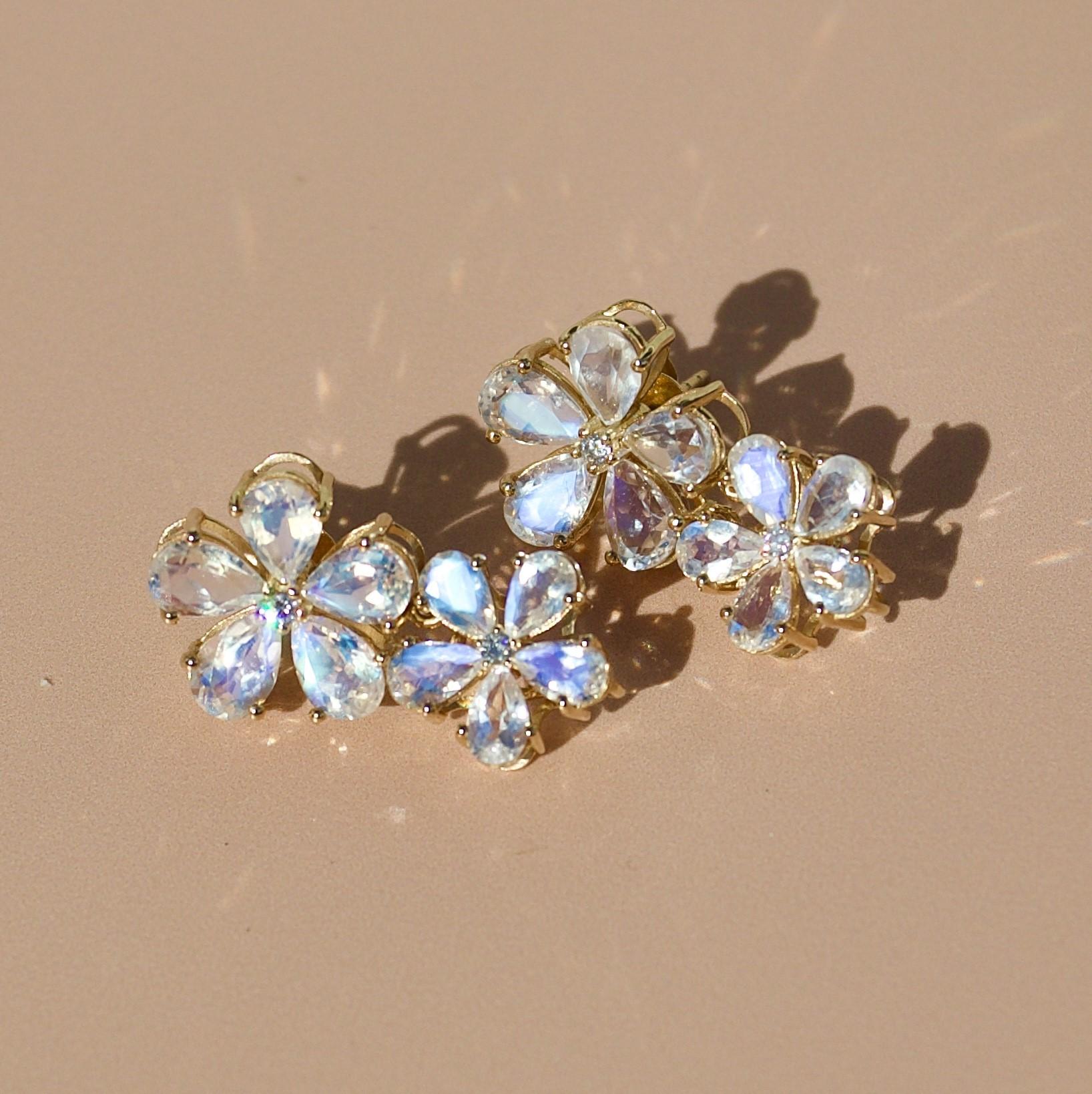 Nina Zhou Moonstone Diamond Blossom and 12-13mm Pearl Convertible Drop Earrings In New Condition In Rowland Heights, CA