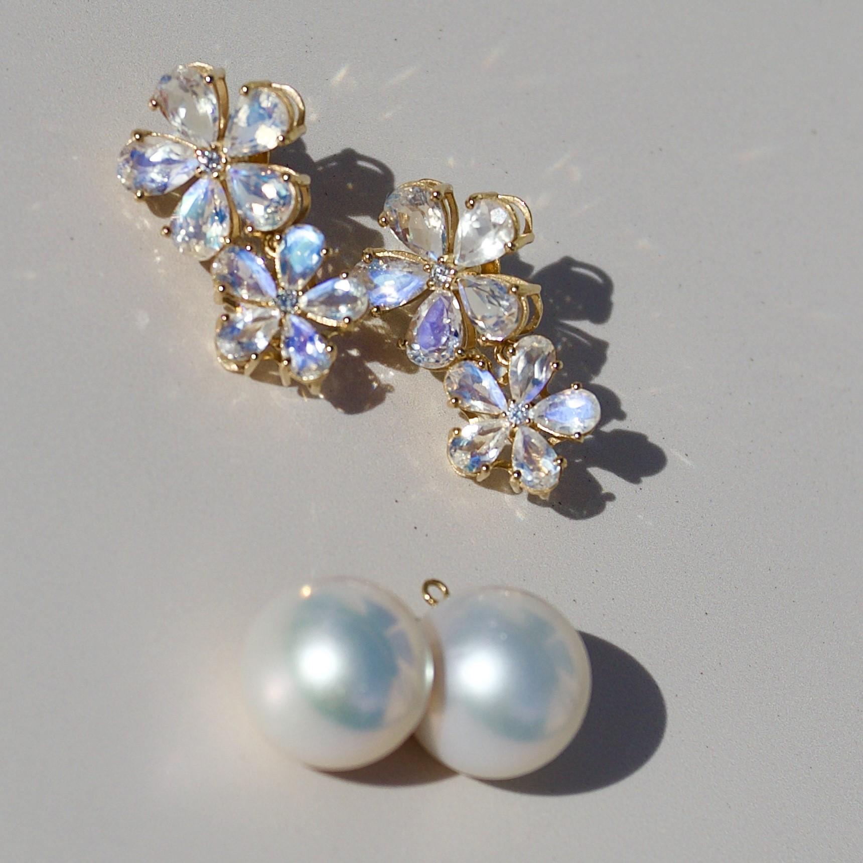 Nina Zhou 5.60ct Moonstone Diamond Double Blossom Baroque Pearl Earrings For Sale 2