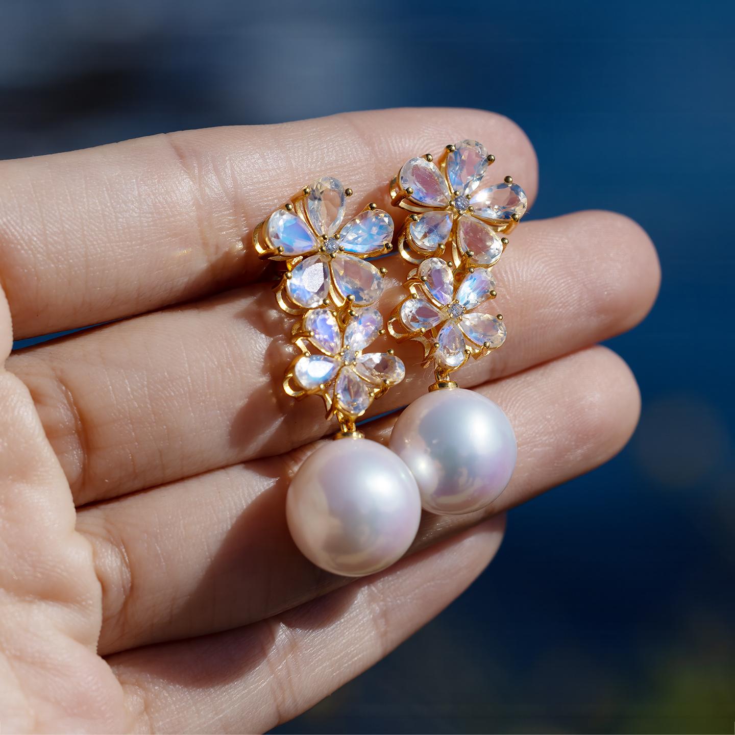 Nina Zhou 5.60ct Moonstone Diamond Double Blossom Baroque Pearl Earrings For Sale 3