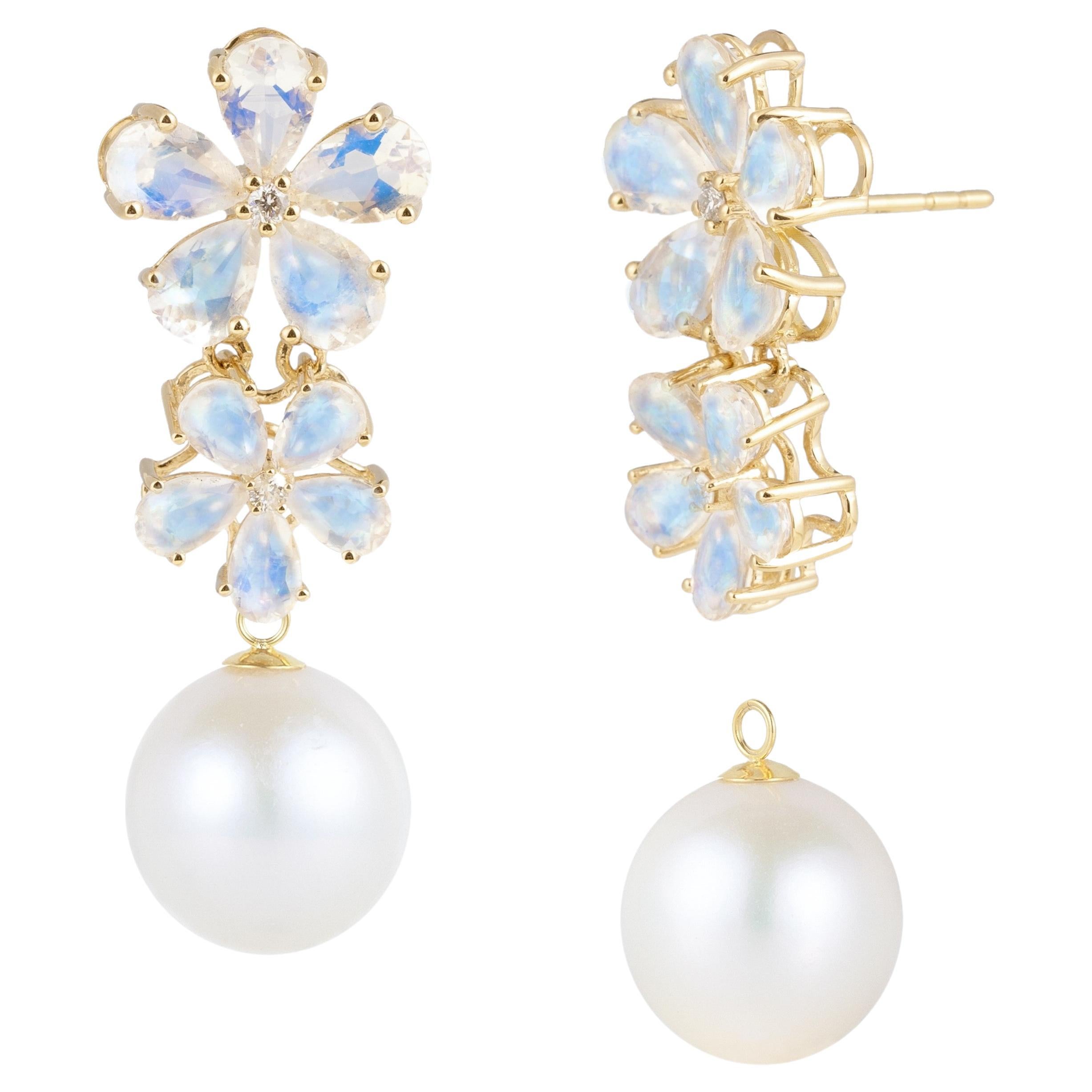 Nina Zhou Moonstone Diamond Blossom and 12-13mm Pearl Convertible Drop Earrings For Sale