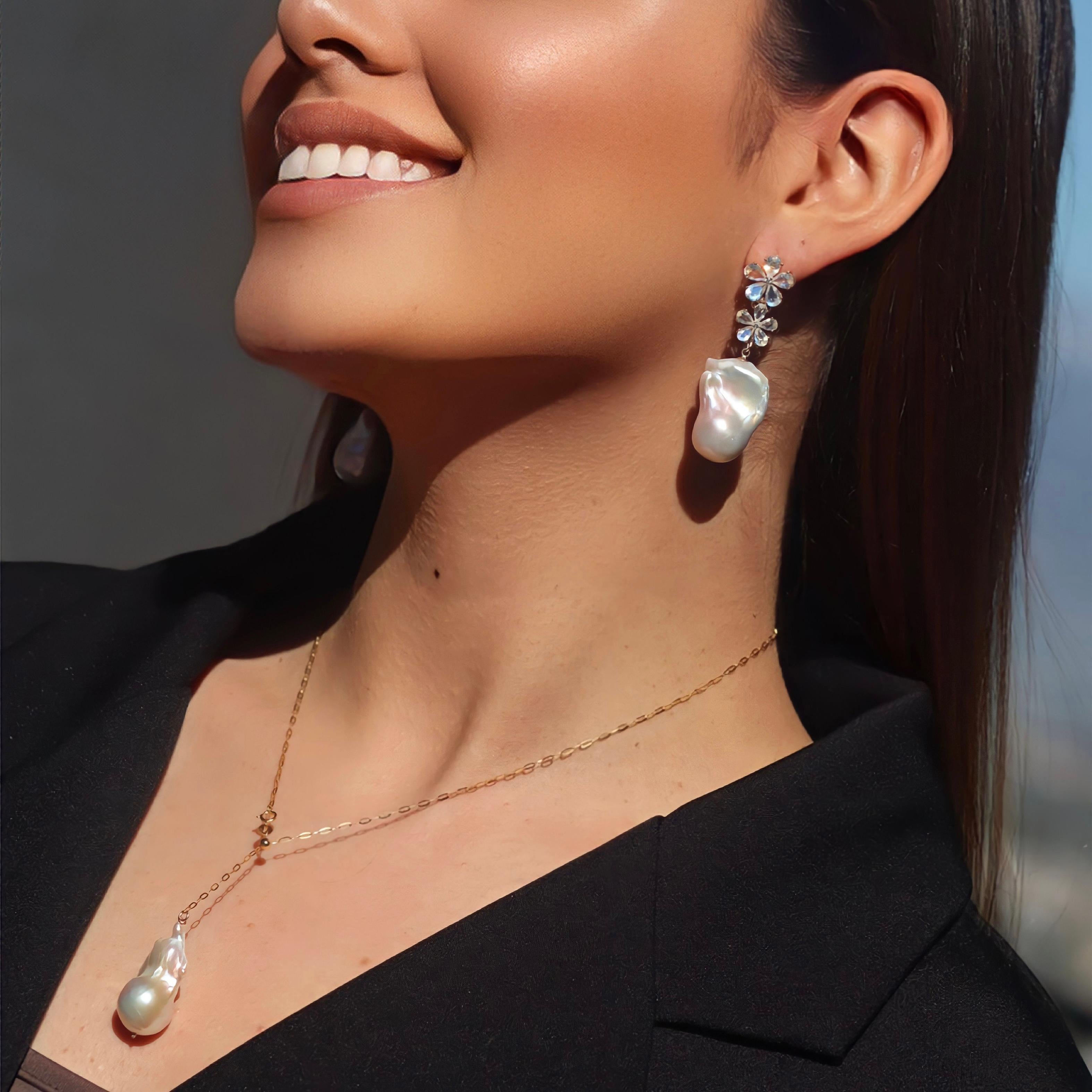 Pear Cut Nina Zhou Moonstone Diamond Blossom and Baroque Pearl Convertible Drop Earrings For Sale